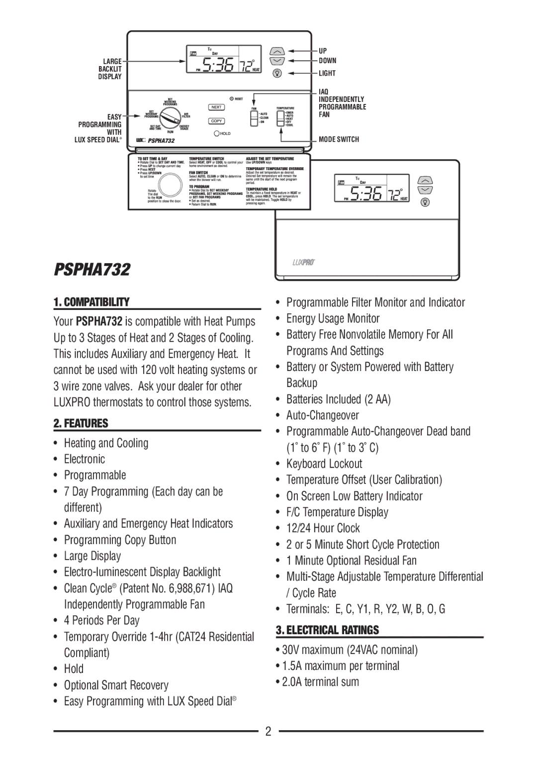 Bryant PSPHA732 warranty Compatibility, Features, Electrical Ratings 