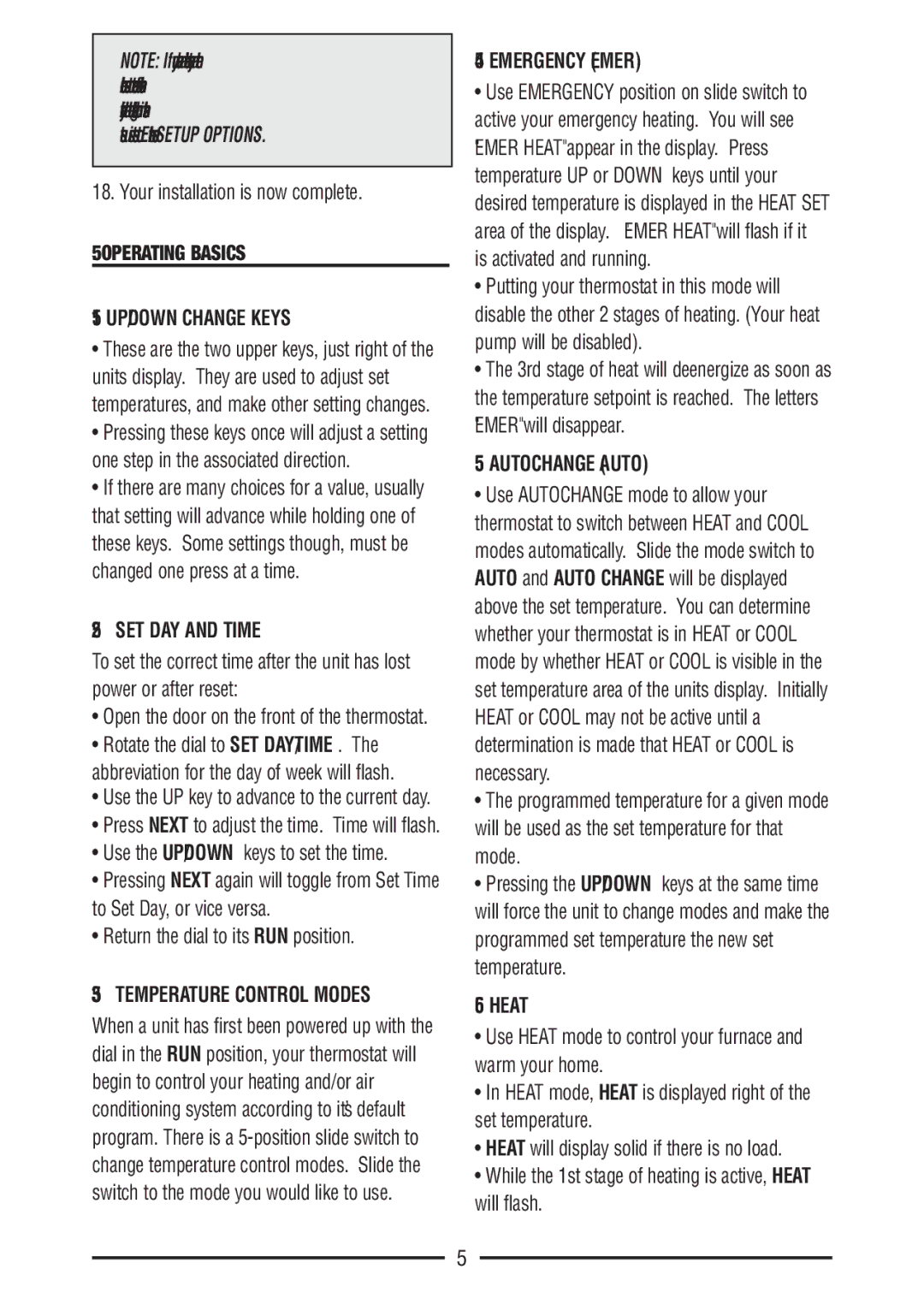 Bryant PSPHA732 warranty Operating Basics UP/DOWN Change Keys, SET DAY and Time, Emergency Emer, Autochange Auto, Heat 