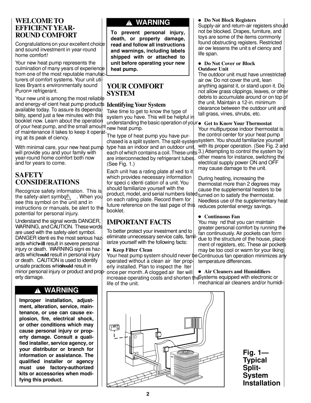 Bryant Puron Refrigerant Two-Speed manual Welcome to Efficient Year Round Comfort, Your Comfort System, Important Facts 