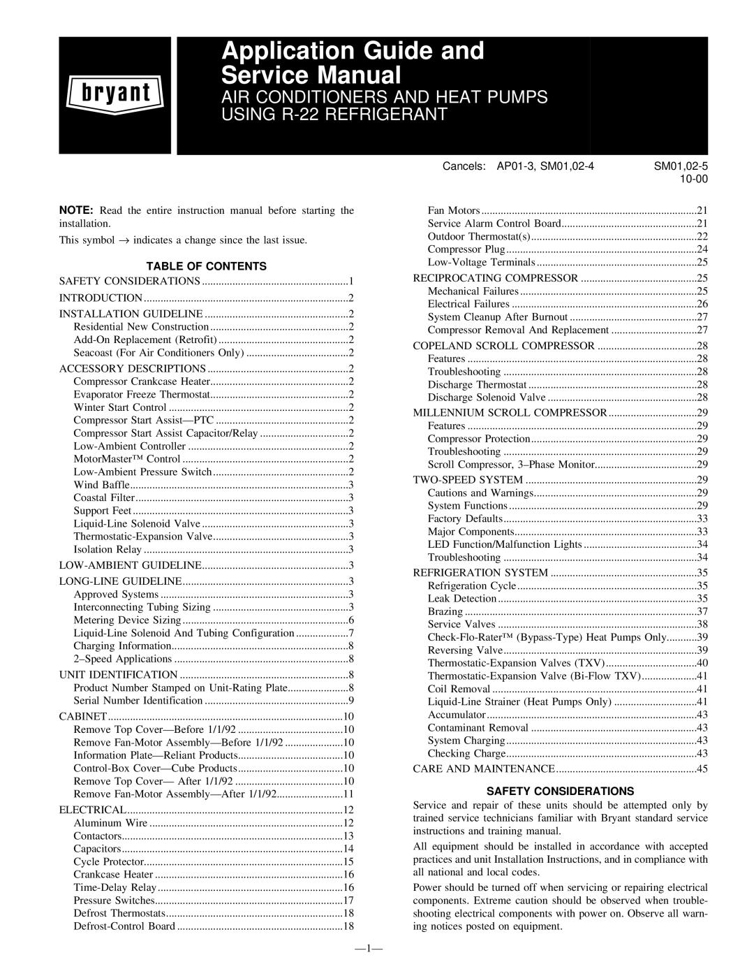 Bryant R-22 service manual Table of Contents, Safety Considerations 