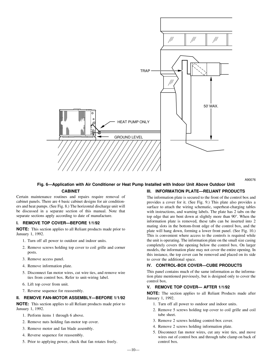 Bryant R-22 service manual Cabinet, Remove TOP COVER-BEFORE 1/1/92, II. Remove FAN-MOTOR ASSEMBLY-BEFORE 1/1/92 