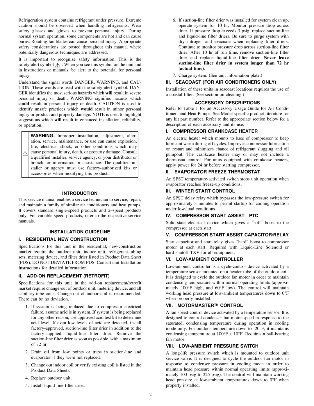 Bryant R-22 service manual II. ADD-ON Replacement Retrofit, III. Seacoast for AIR Conditioners only, Accessory Descriptions 