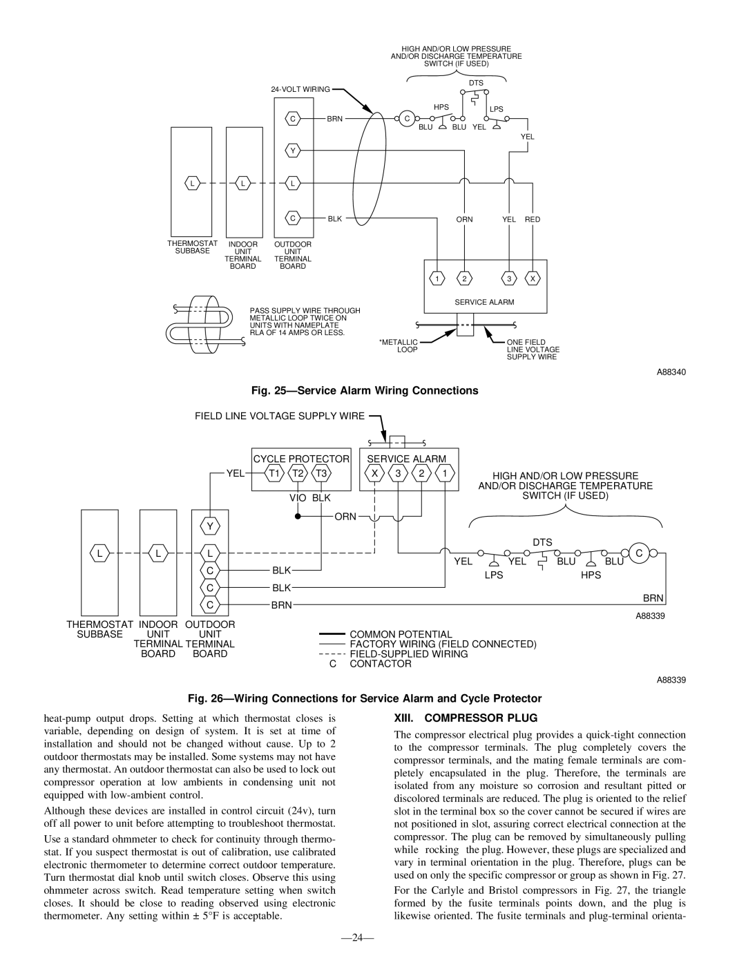 Bryant R-22 service manual Service Alarm Wiring Connections, XIII. Compressor Plug 