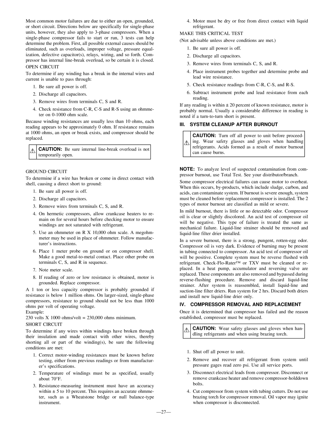 Bryant R-22 service manual III. System Cleanup After Burnout, IV. Compressor Removal and Replacement 