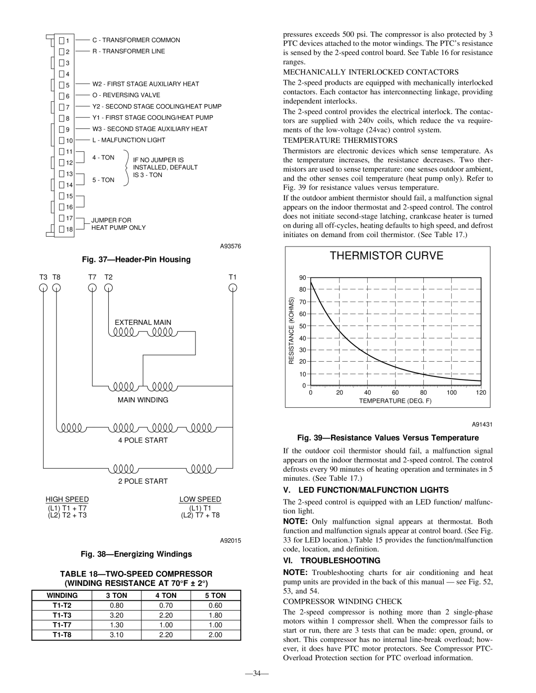 Bryant R-22 TWO-SPEED Compressor Winding Resistance AT 70F ±, LED FUNCTION/MALFUNCTION Lights, VI. Troubleshooting 