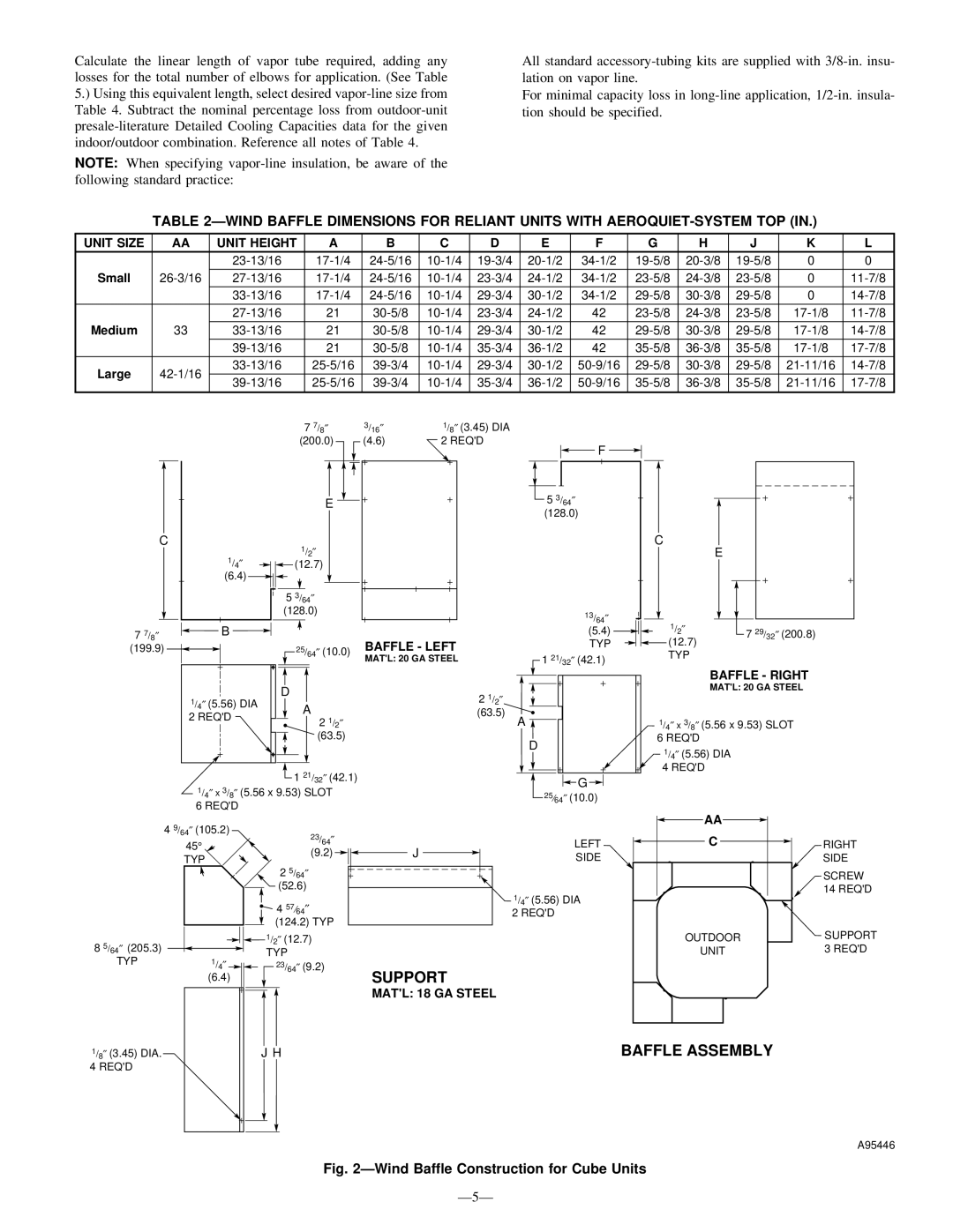 Bryant R-22 service manual Unit Size Unit Height, Small, Medium, Baffle Left, Baffle Right 