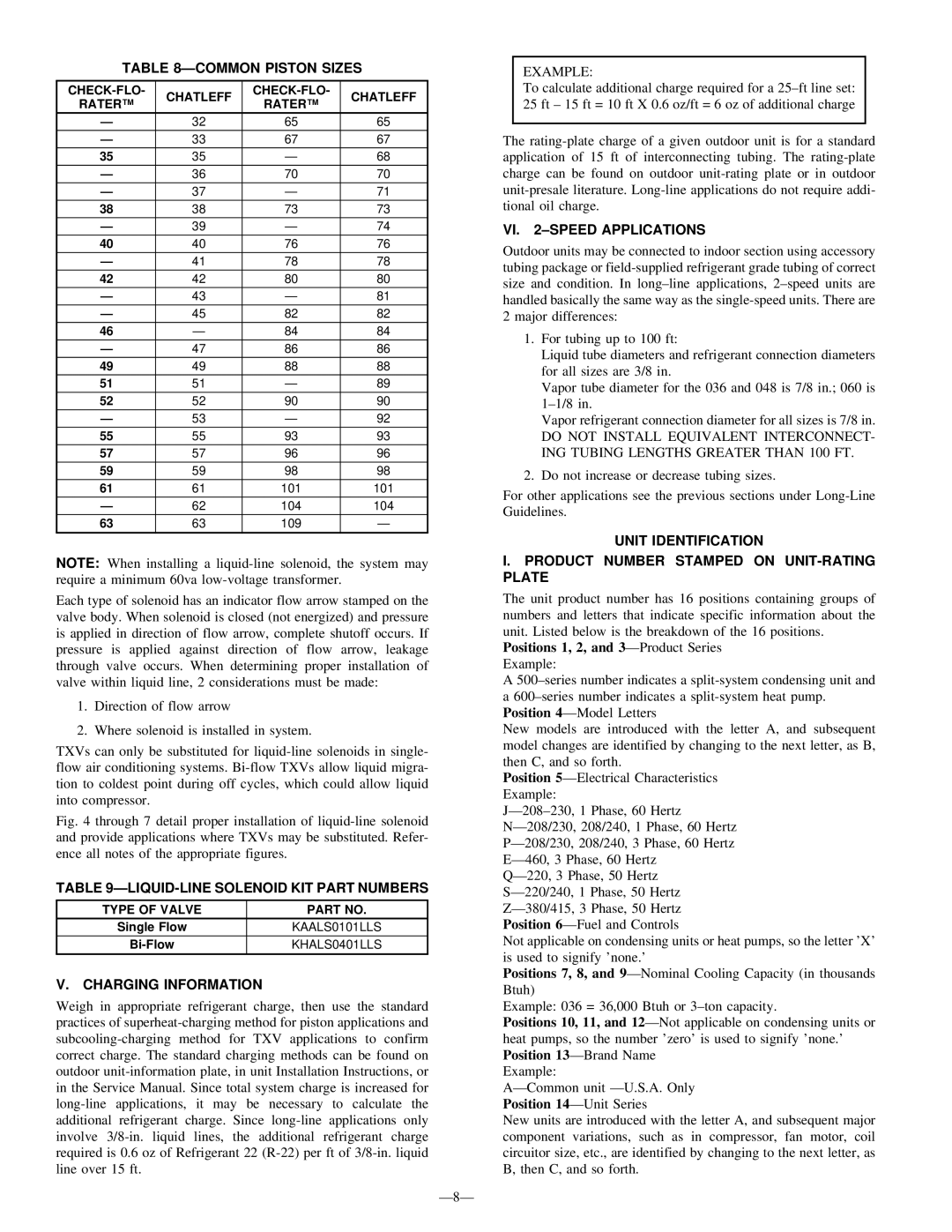 Bryant R-22 Common Piston Sizes, LIQUID-LINE Solenoid KIT Part Numbers, Charging Information, VI -SPEED Applications 