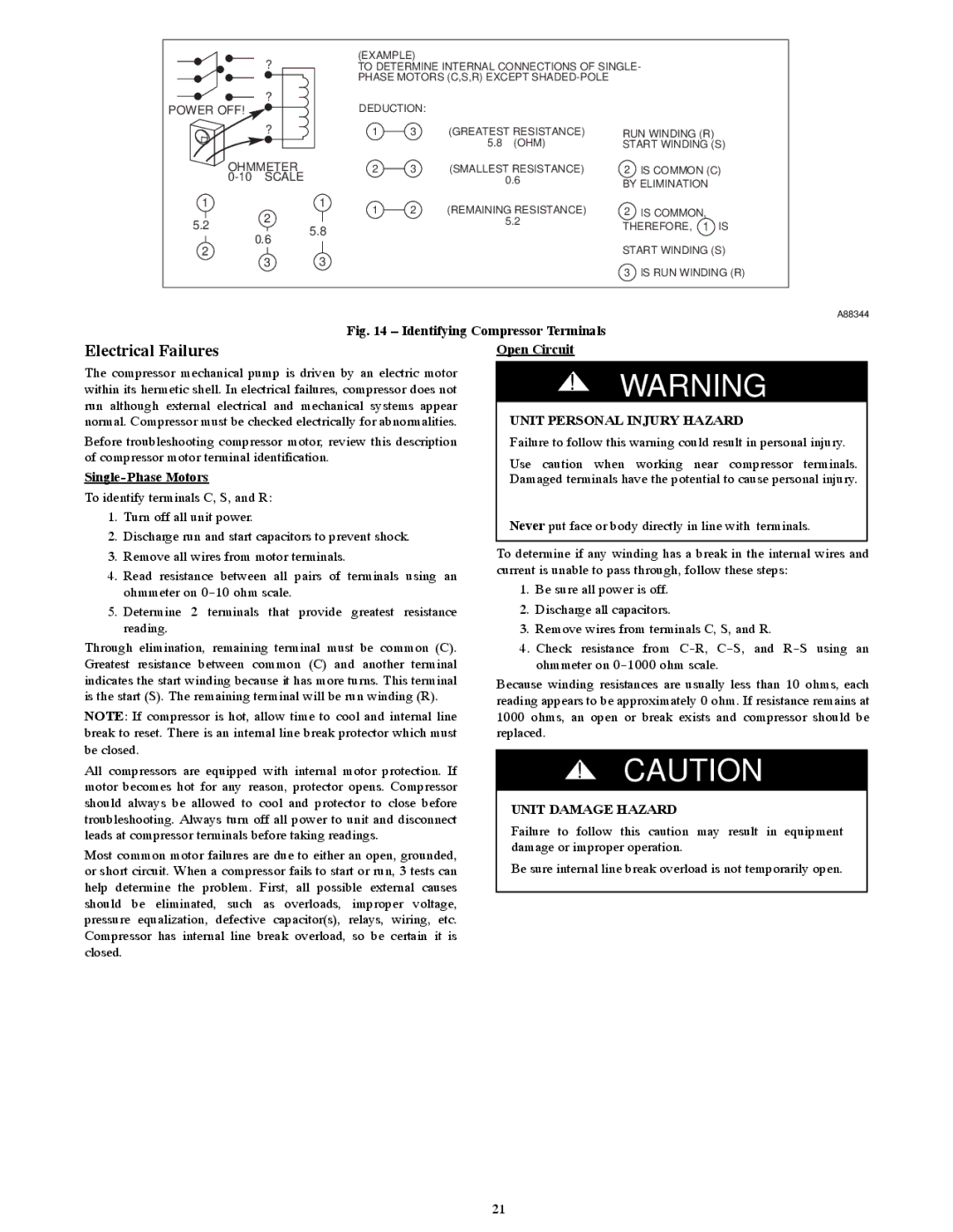 Bryant R-22 service manual Electrical Failures, Single-Phase Motors, Unit Personal Injury Hazard 