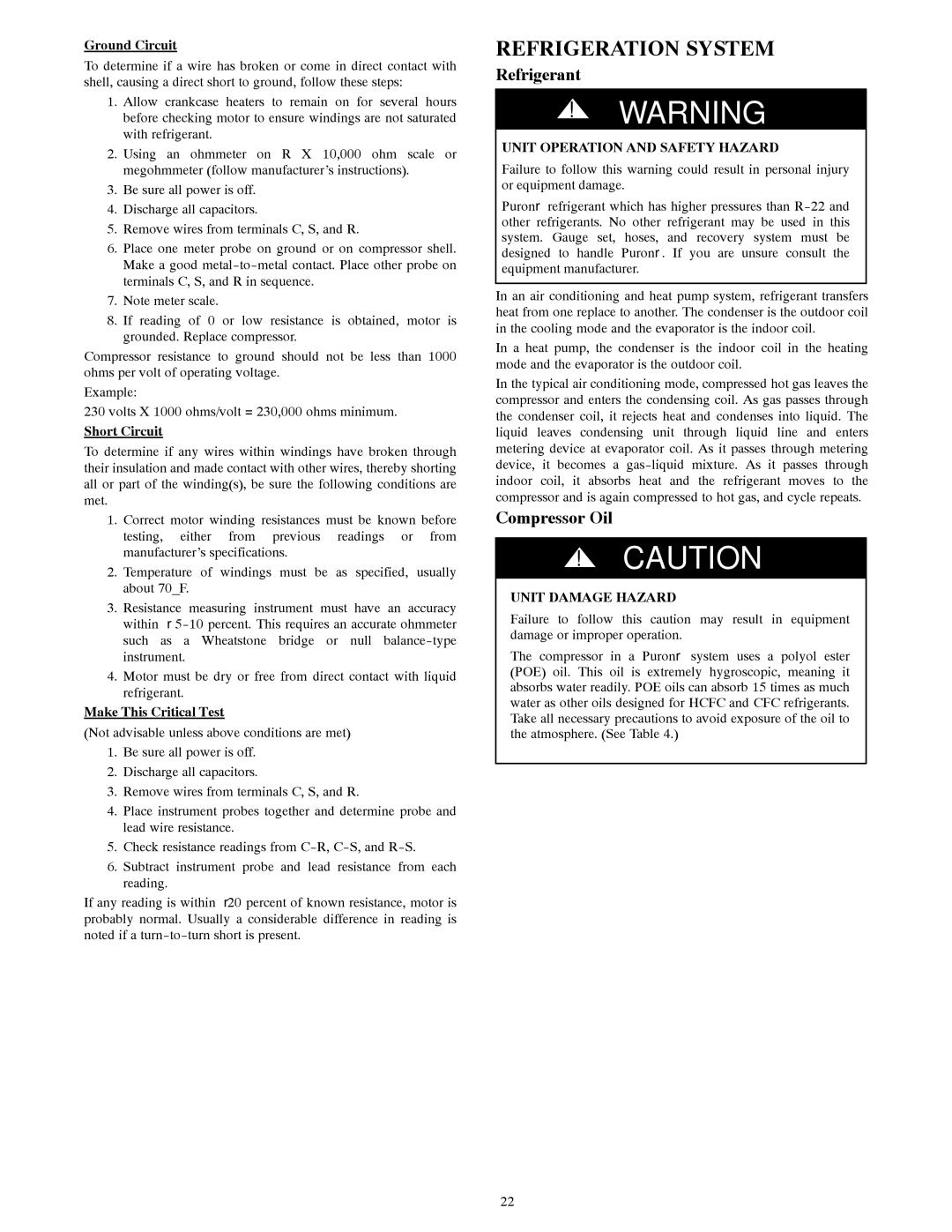 Bryant R-22 service manual Refrigeration System, Refrigerant, Compressor Oil 