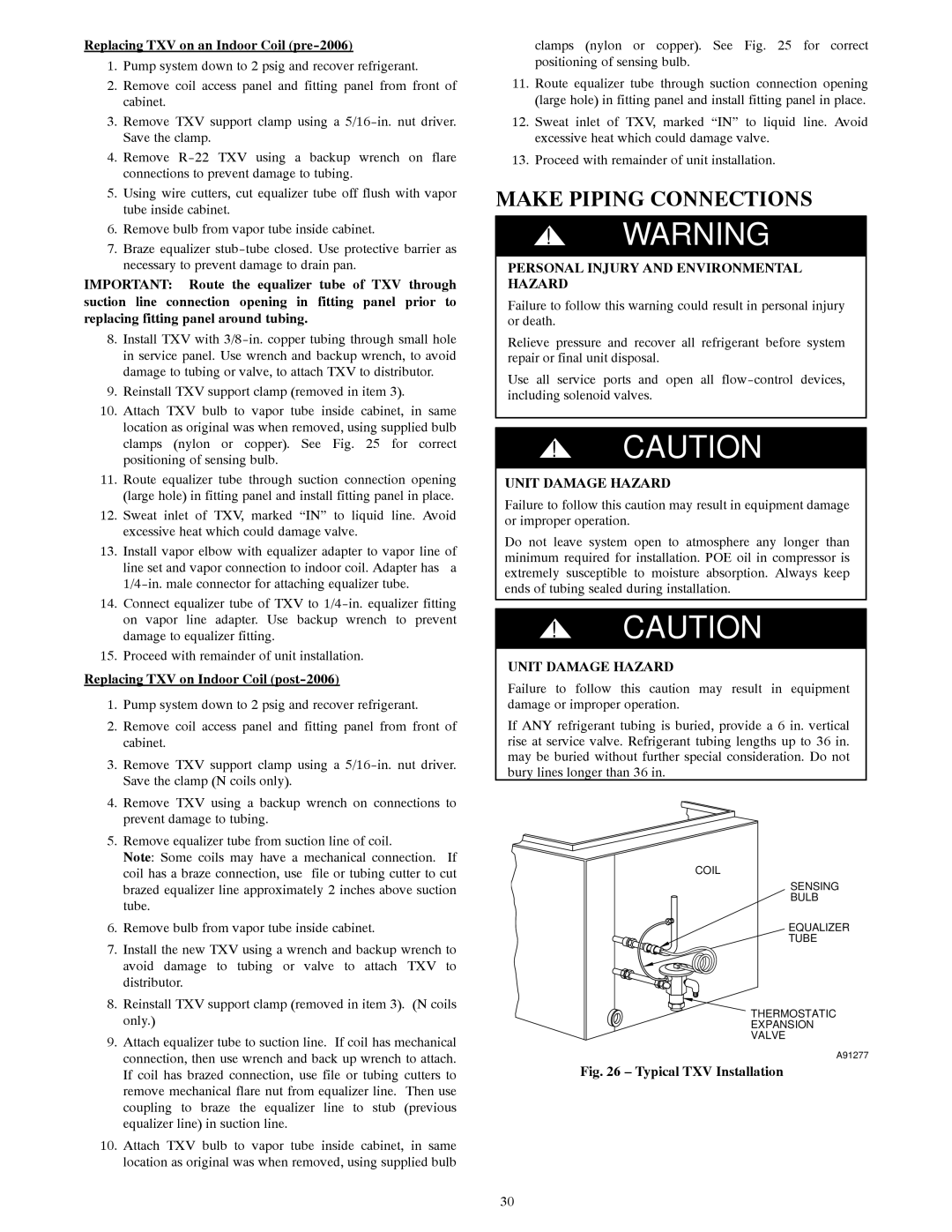 Bryant R-22 Make Piping Connections, Replacing TXV on an Indoor Coil pre-2006, Replacing TXV on Indoor Coil post-2006 