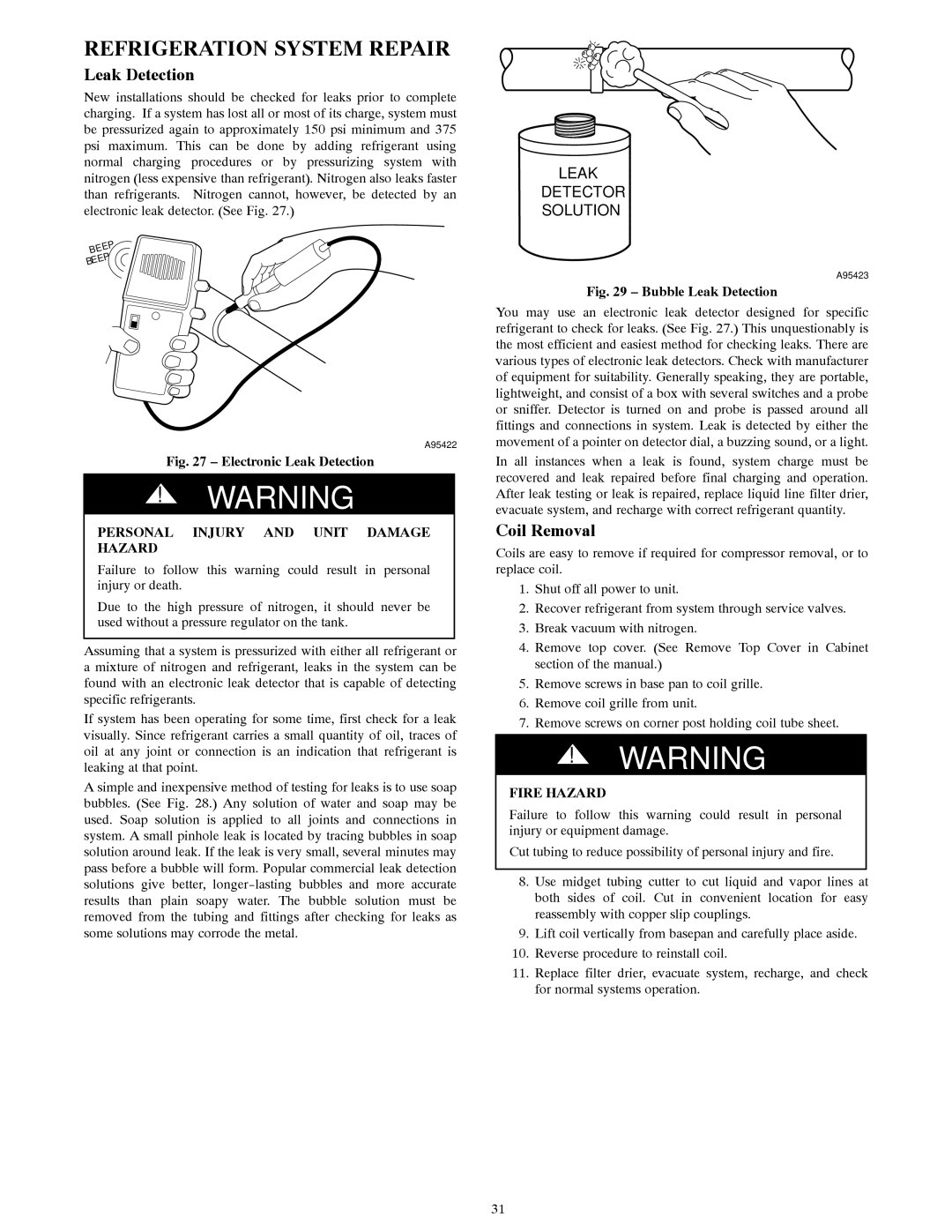 Bryant R-22 service manual Refrigeration System Repair, Leak Detection, Coil Removal, Fire Hazard 