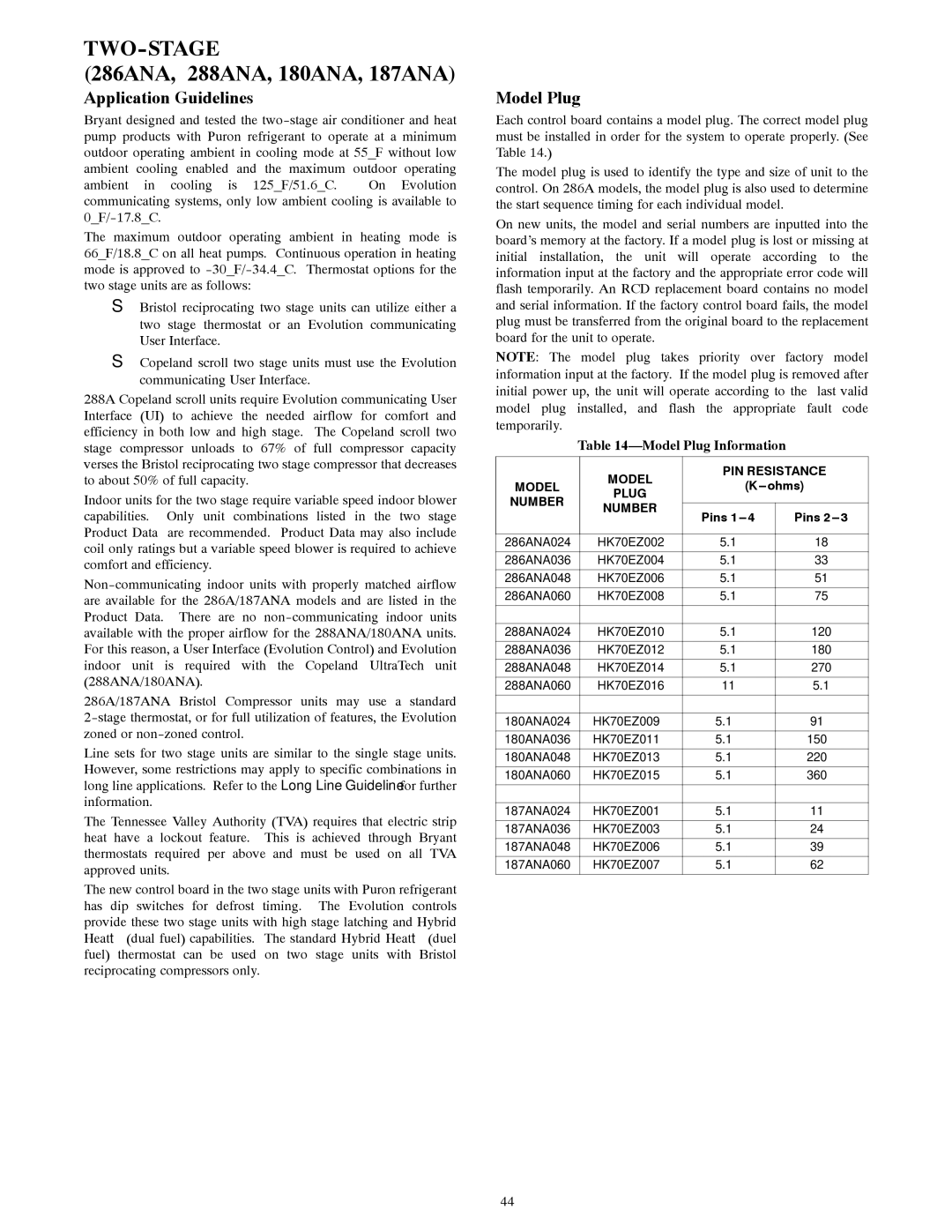 Bryant R-22 service manual Two-Stage, Application Guidelines, Model Plug Information 