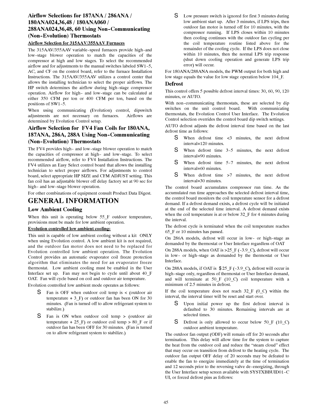 Bryant R-22 service manual General Information, Low Ambient Cooling, Defrost, Airflow Selection for 315AAV/355AAV Furnaces 