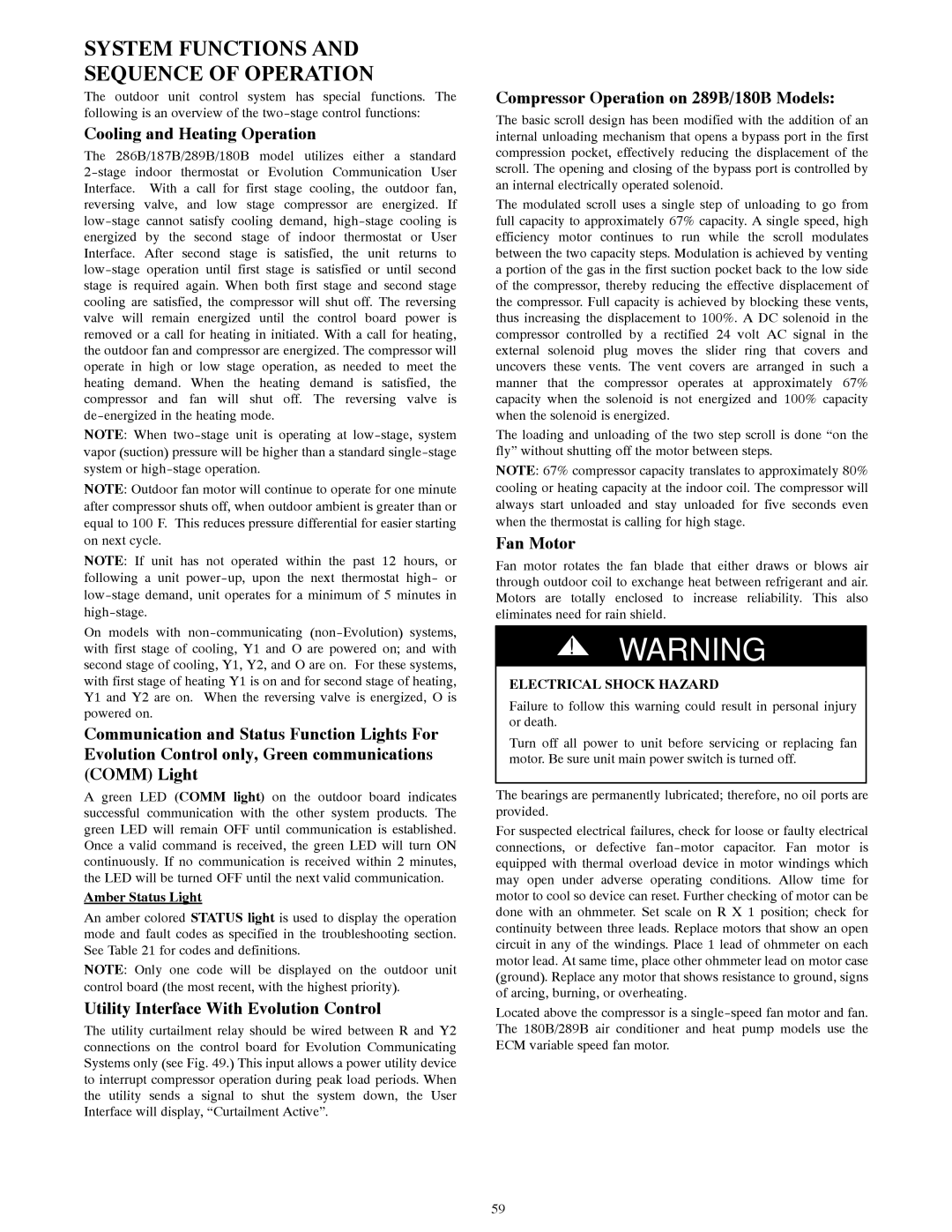 Bryant R-22 service manual Cooling and Heating Operation, Compressor Operation on 289B/180B Models 