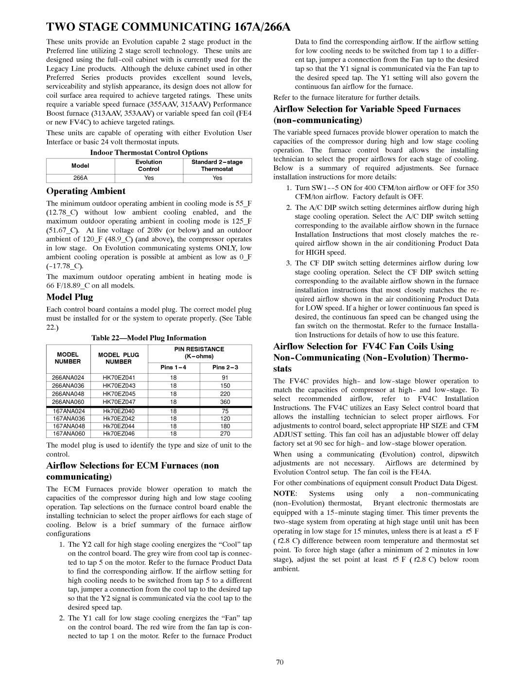 Bryant R-22 service manual TWO Stage Communicating 167A/266A, Airflow Selections for ECM Furnaces non communicating 