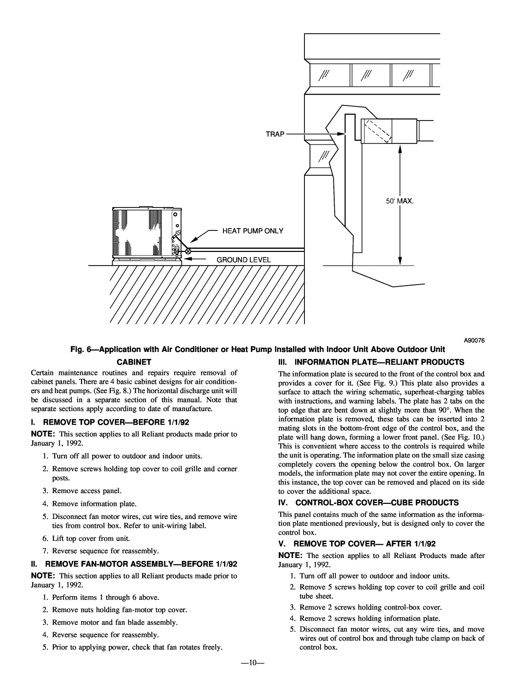 Bryant R-22 service manual Cabinet, I. REMOVE TOP COVER—BEFORE1/1/92, II. REMOVE FAN-MOTOR ASSEMBLY—BEFORE1/1/92 