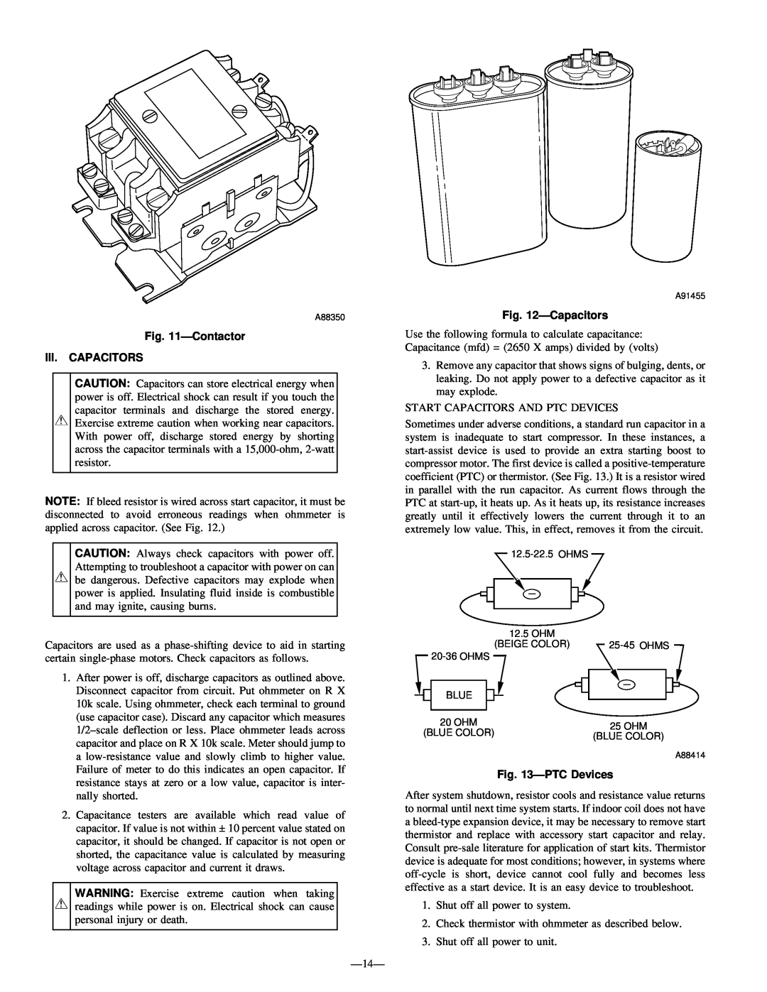 Bryant R-22 service manual Contactor III. CAPACITORS, Capacitors, PTCDevices 