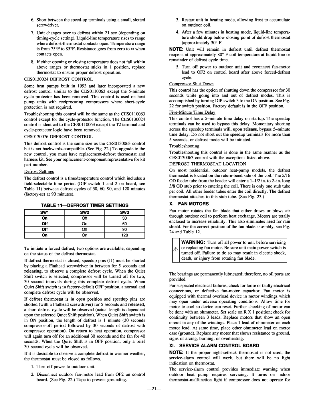 Bryant R-22 service manual Defrosttimer Settings, X. Fan Motors, Xi. Service Alarm Control Board 