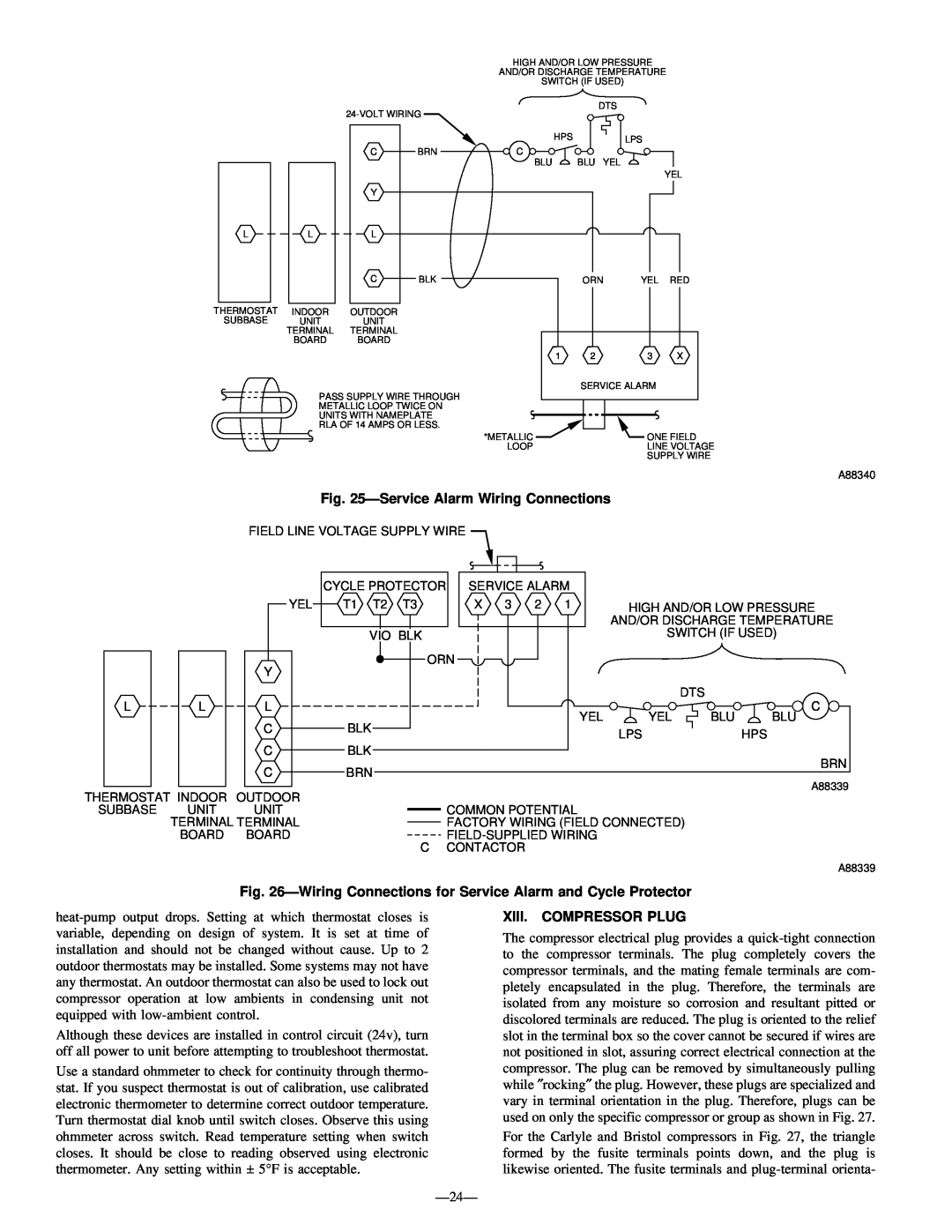 Bryant R-22 service manual ServiceAlarm Wiring Connections, Xiii. Compressor Plug 