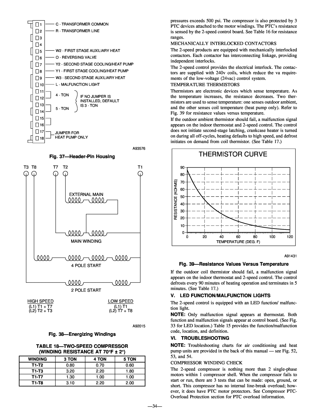 Bryant R-22 service manual Thermistor Curve, Header-PinHousing, EnergizingWindings, ResistanceValues Versus Temperature 