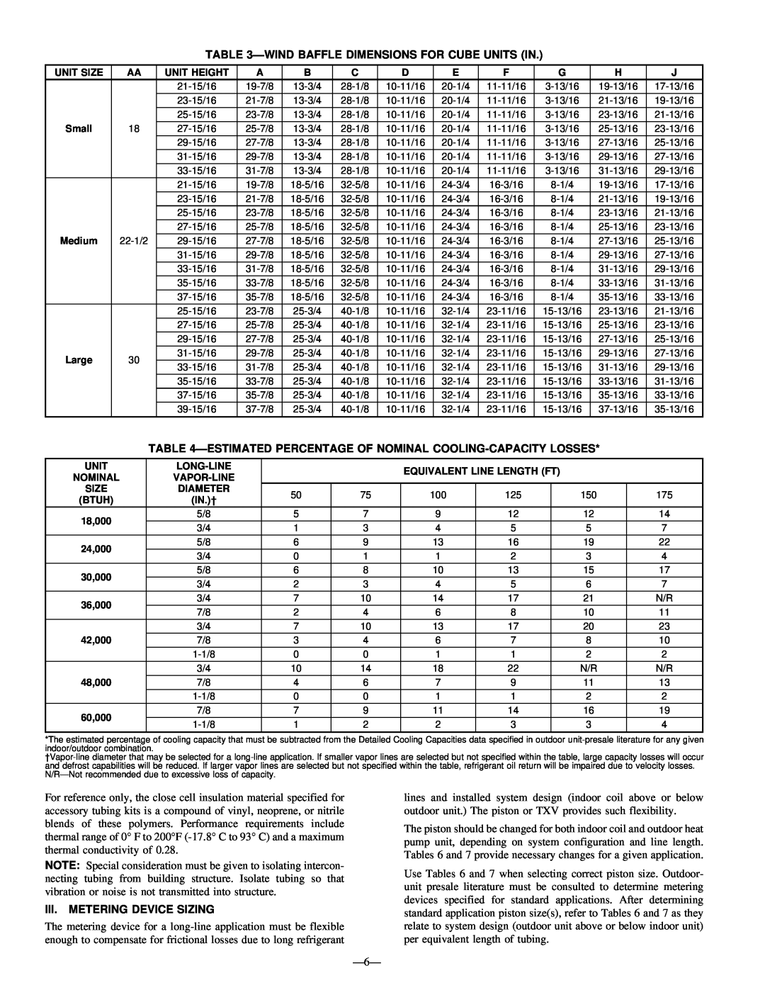 Bryant R-22 service manual Windbaffle Dimensions For Cube Units In, Iii. Metering Device Sizing 