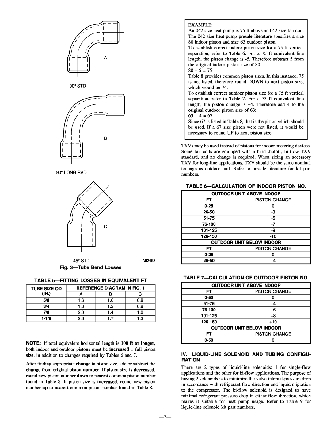 Bryant R-22 service manual TubeBend Losses, Fittinglosses In Equivalent Ft, Calculationof Indoor Piston No 