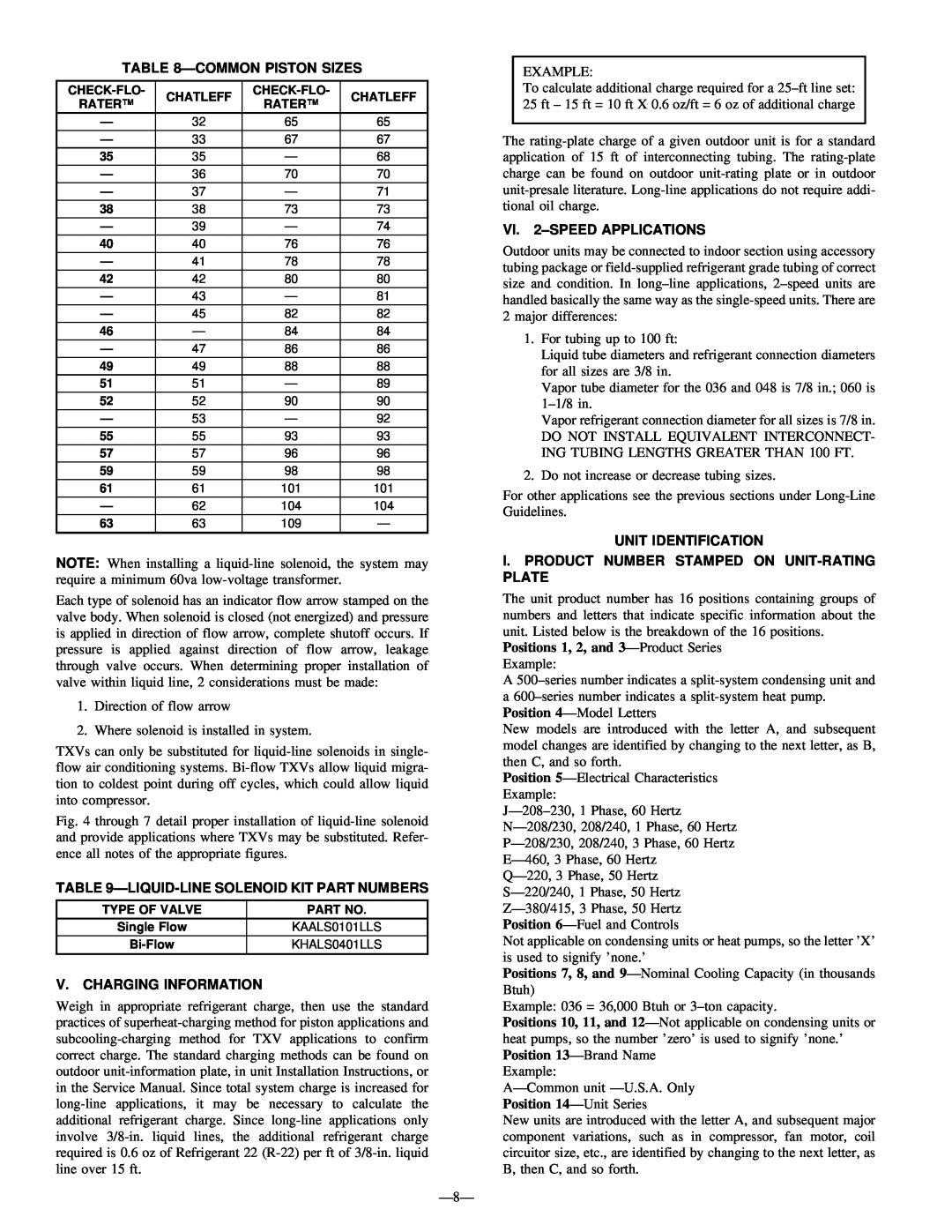 Bryant R-22 Commonpiston Sizes, Liquid-Linesolenoid Kit Part Numbers, V. Charging Information, VI. 2–SPEEDAPPLICATIONS 