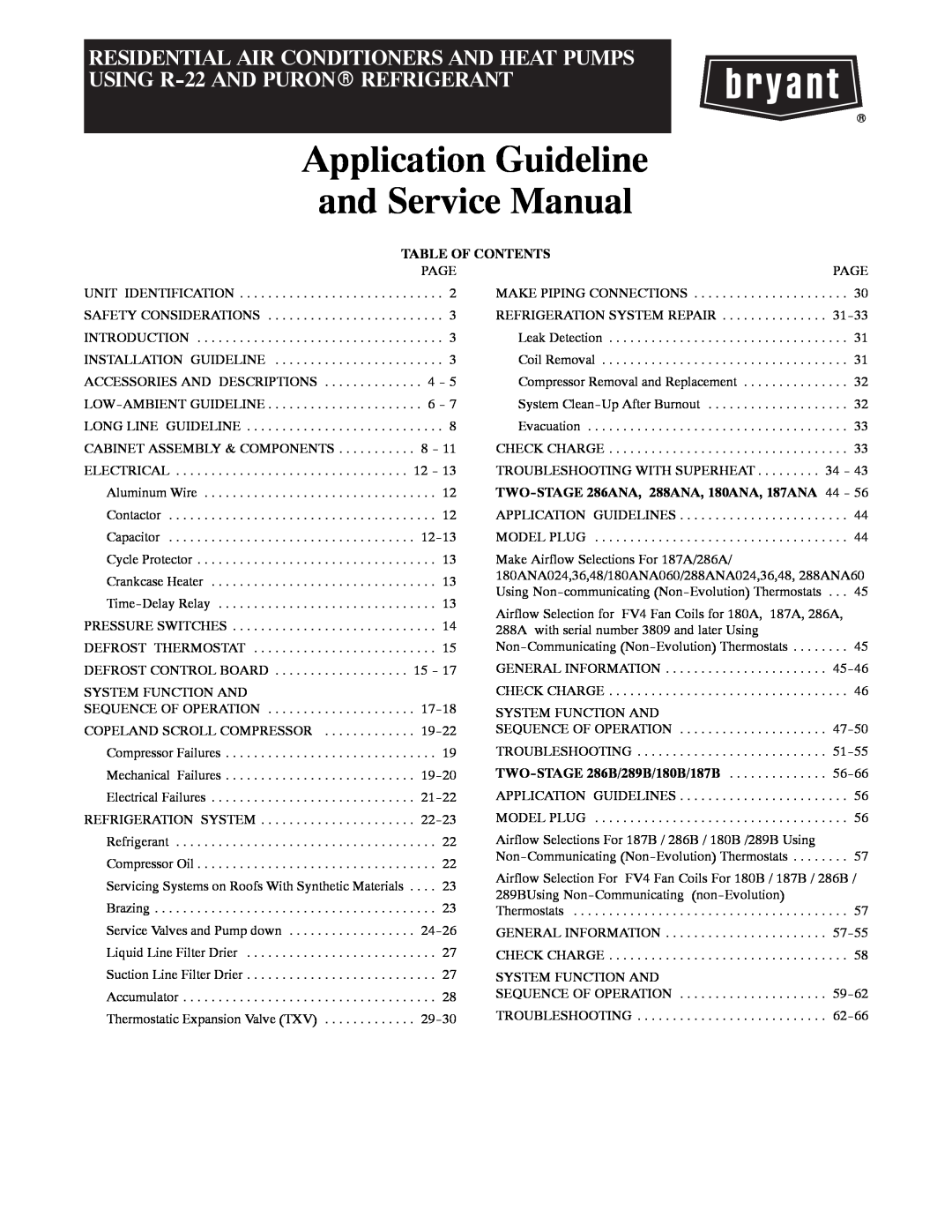 Bryant R-22 service manual Table Of Contents, Safety Considerations, Application Guide and Service Manual 