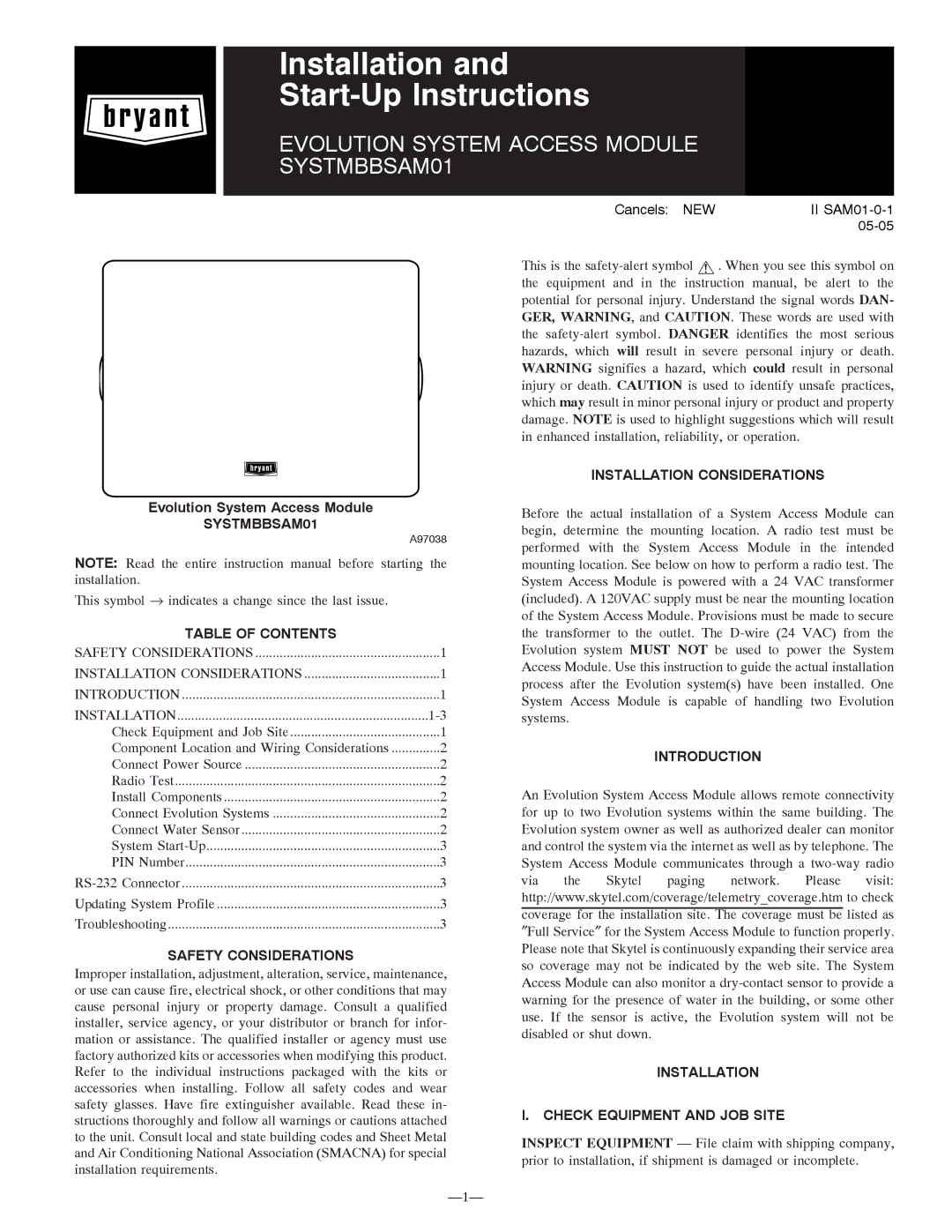 Bryant SYSTMBBSAM01 instruction manual Table of Contents, Safety Considerations, Installation Considerations 