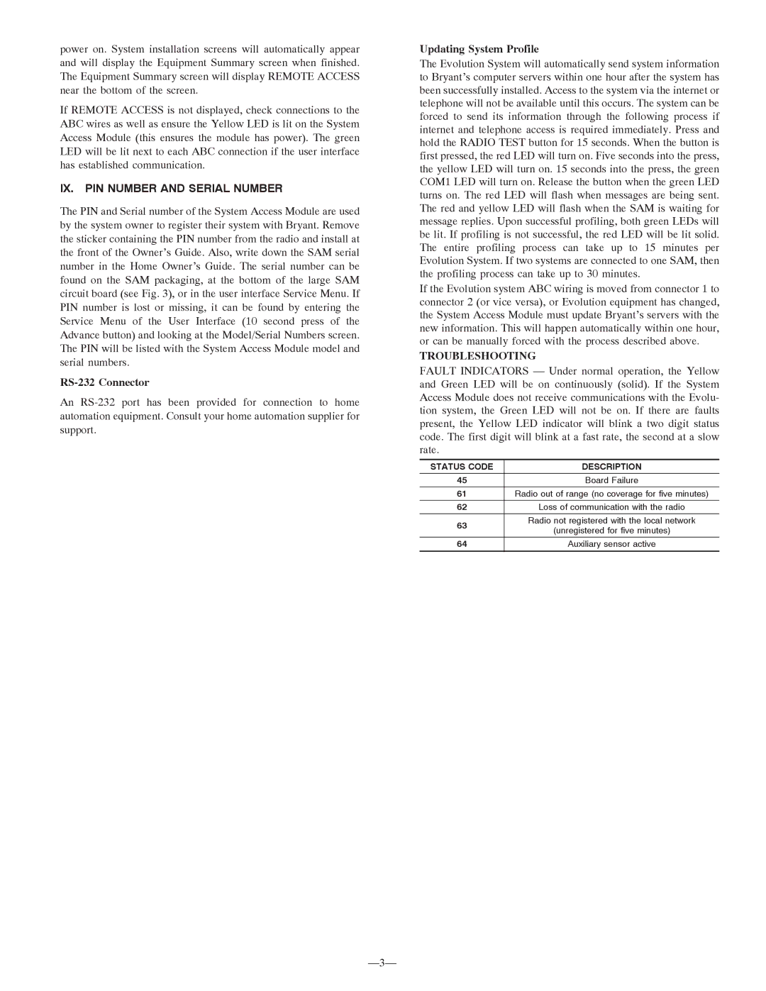 Bryant SYSTMBBSAM01 instruction manual IX. PIN Number and Serial Number, Troubleshooting 