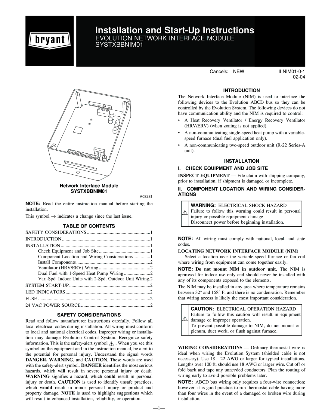 Bryant SYSTXBBNIM01 instruction manual Table of Contents, Safety Considerations, Introduction 