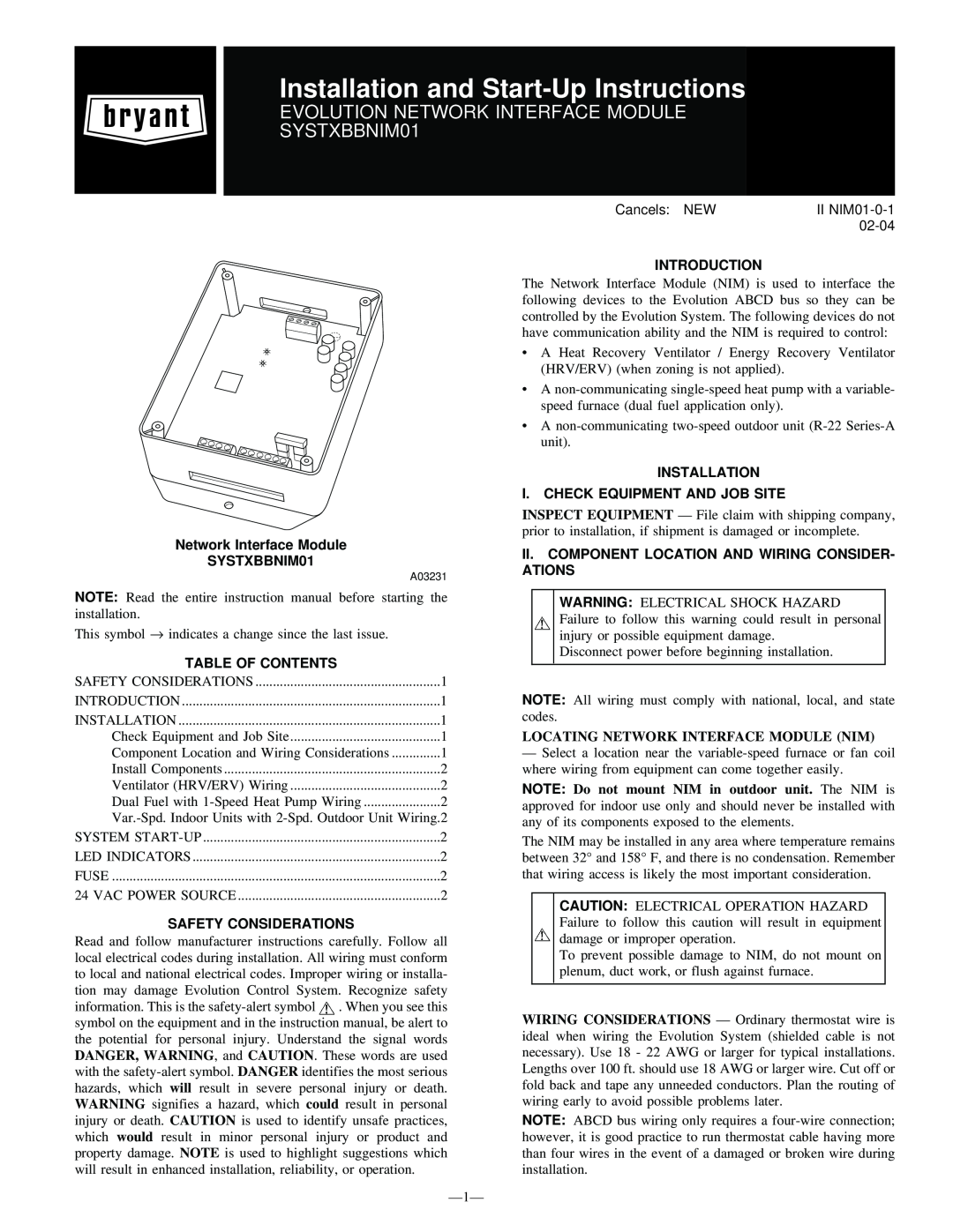 Bryant instruction manual Network Interface Module SYSTXBBNIM01, Table Of Contents, Safety Considerations, Introduction 