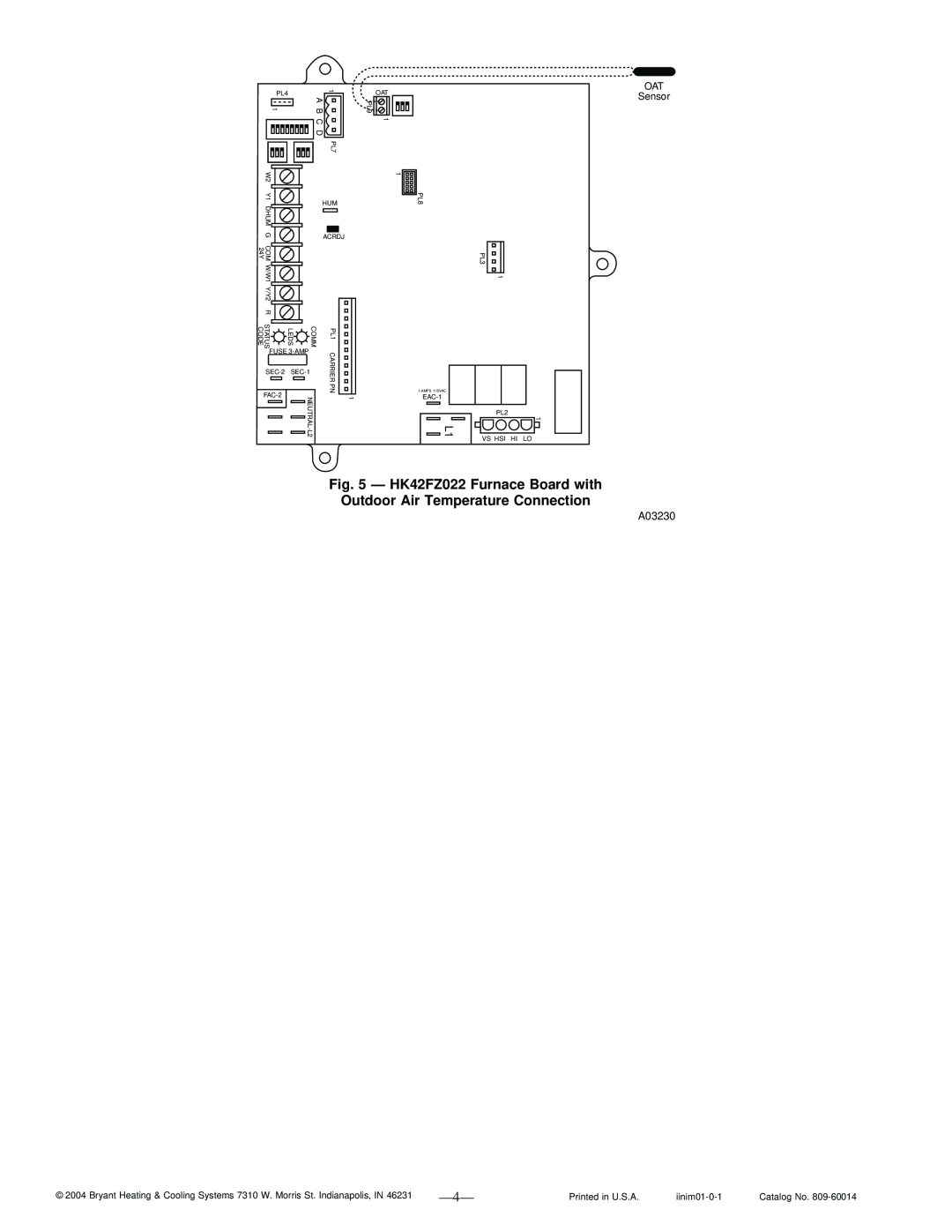 Bryant SYSTXBBNIM01 instruction manual OAT Sensor, A03230, Printed in U.S.A, iinim01-0-1, Catalog No 