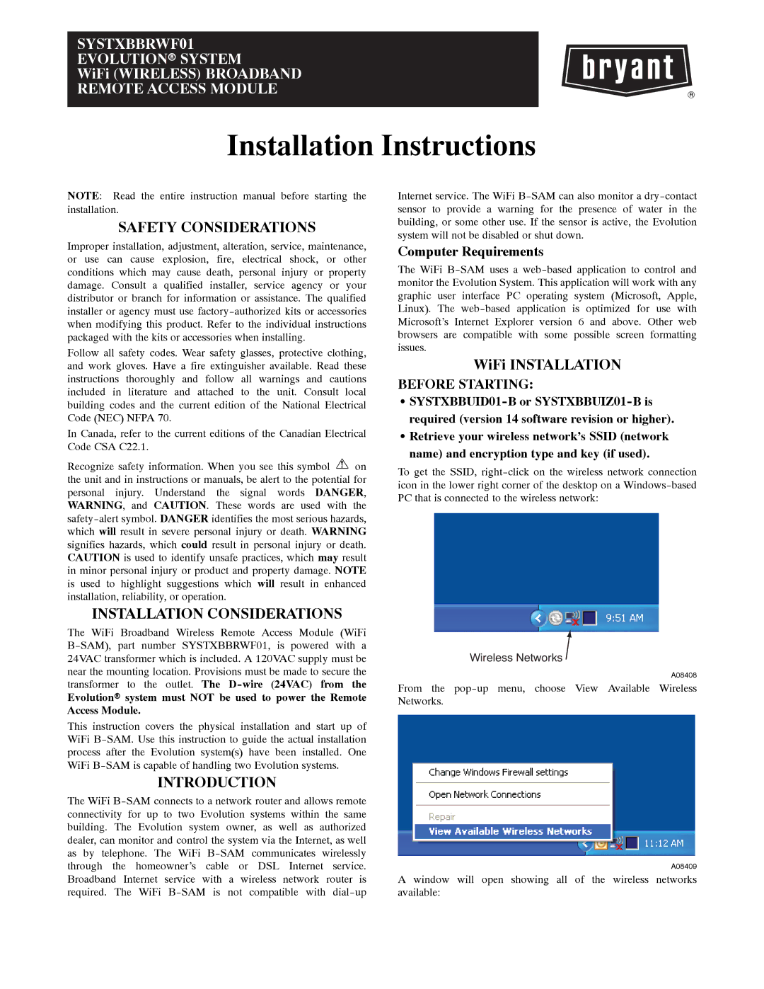 Bryant SYSTXBBRWF01 installation instructions Safety Considerations, Installation Considerations, Introduction 