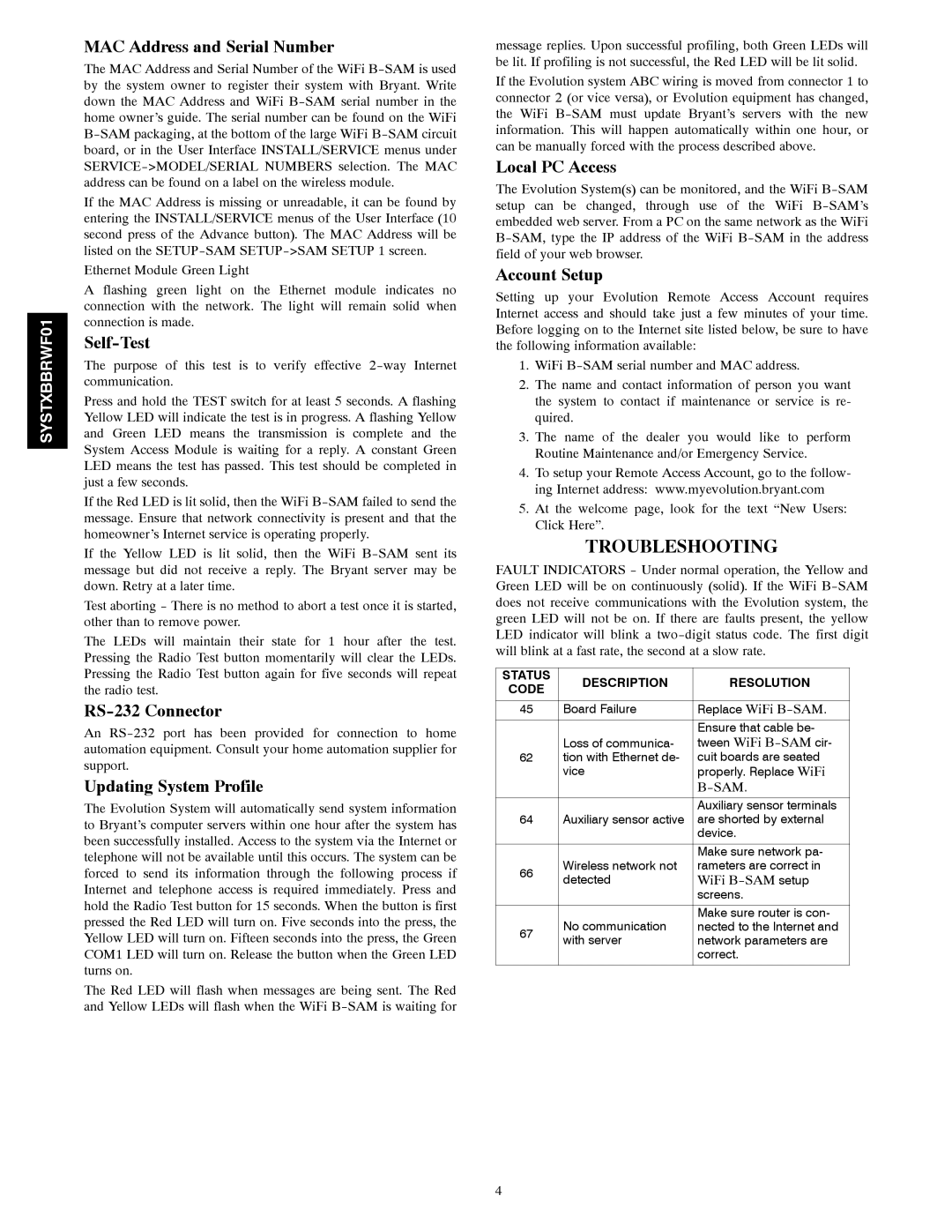 Bryant SYSTXBBRWF01 installation instructions Troubleshooting 