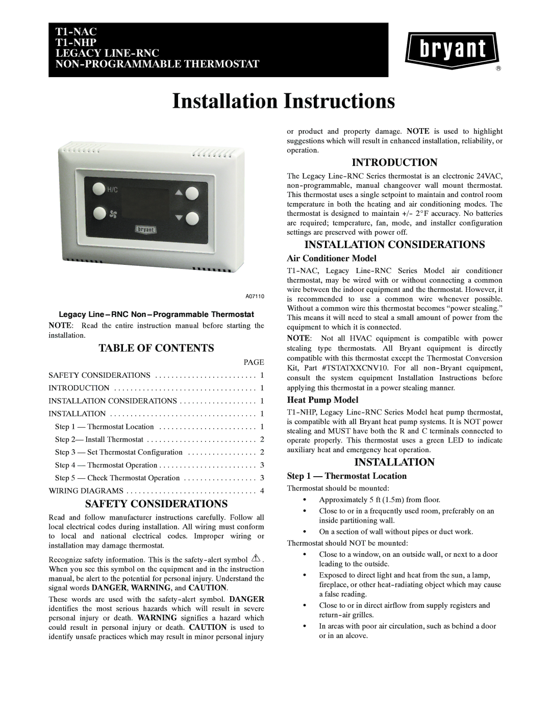 Bryant T1--NHP, T1--NAC installation instructions Installation Instructions 