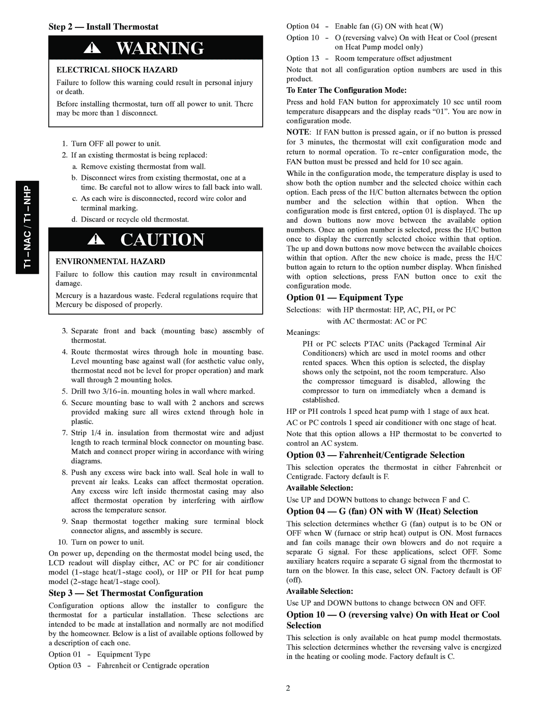 Bryant T1--NAC, T1--NHP installation instructions Install Thermostat, Set Thermostat Configuration, Option 01 Equipment Type 