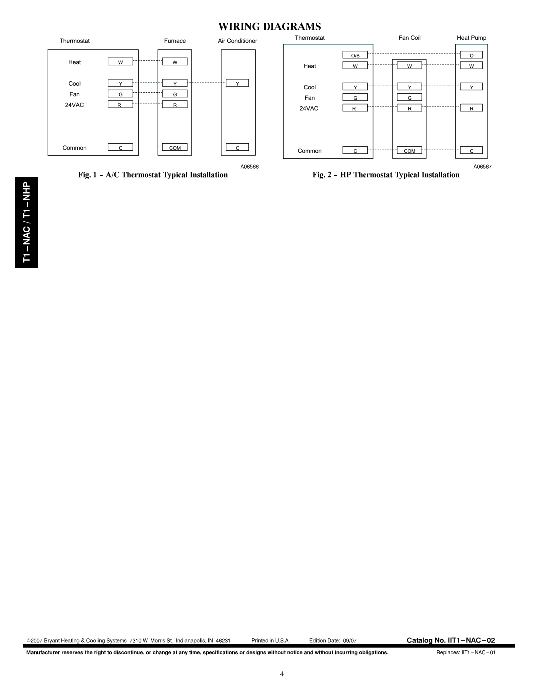 Bryant T1--NAC, T1--NHP installation instructions Wiring Diagrams, C Thermostat Typical Installation 