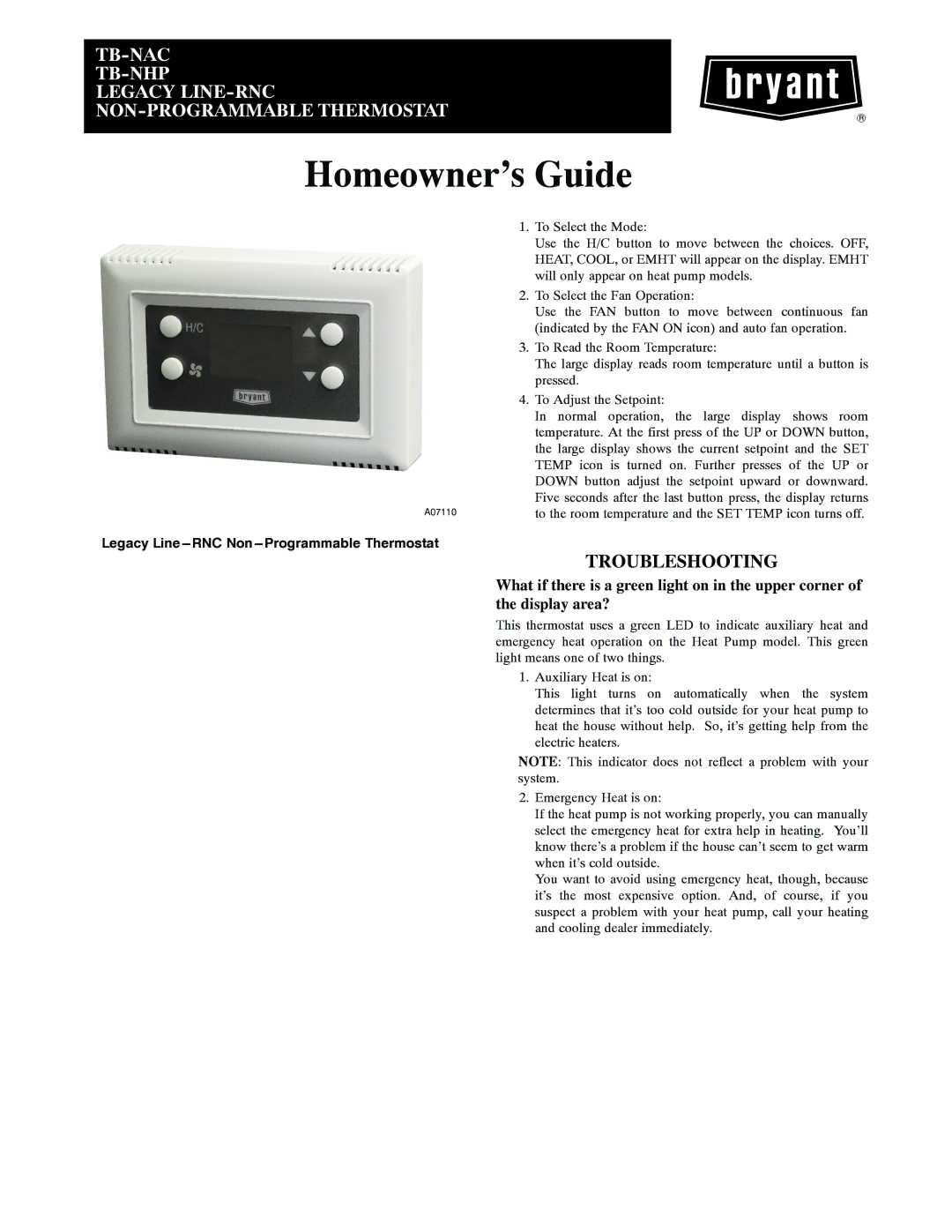 Bryant T1--NHP, T1--NAC installation instructions Homeowner’s Guide, Troubleshooting 