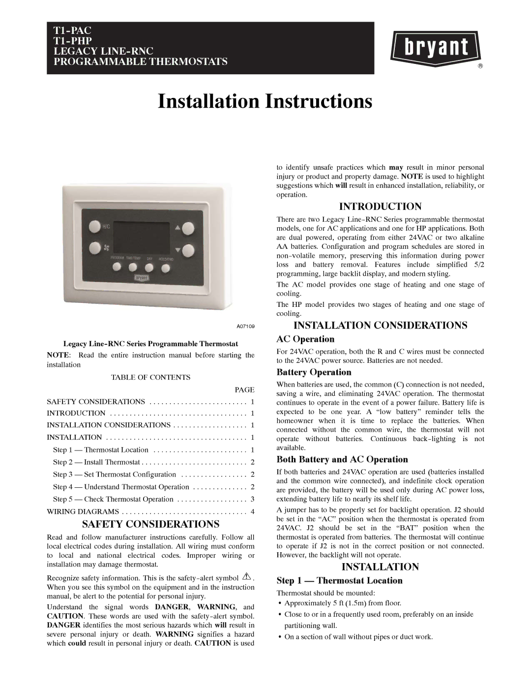 Bryant T1--PHP, T1--PAC installation instructions Installation Instructions, Safety Considerations, Introduction 