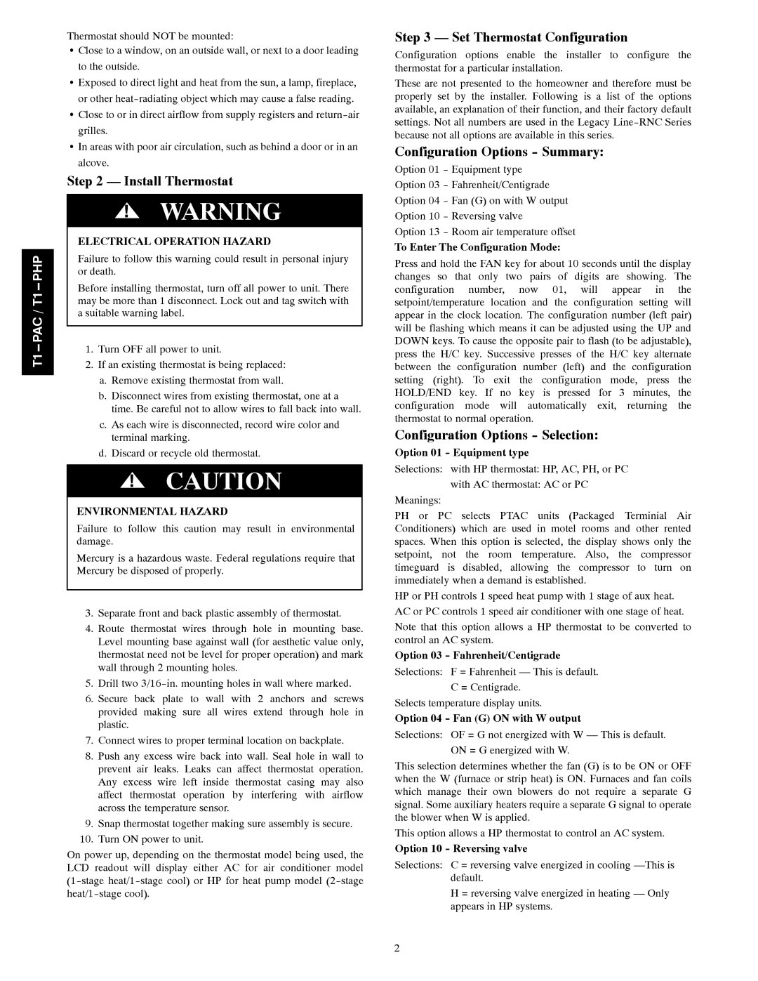 Bryant T1--PAC Install Thermostat, Set Thermostat Configuration, Configuration Options Summary, T1-- PAC / T1-- PHP 