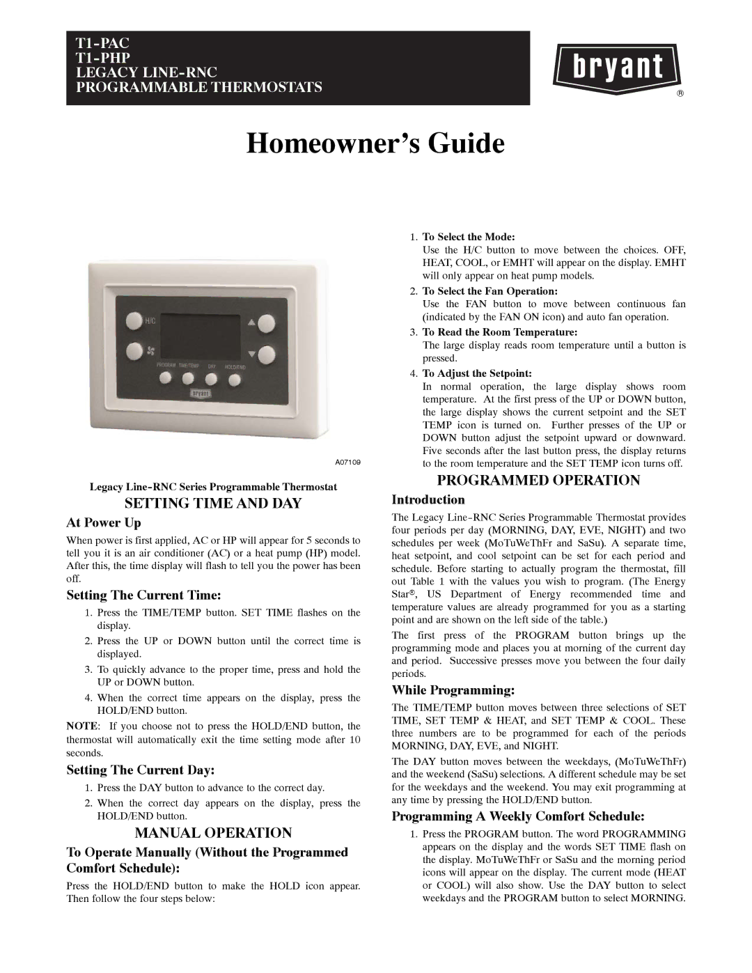 Bryant T1--PHP, T1--PAC Homeowner’s Guide, Setting Time and DAY, Manual Operation, Programmed Operation 