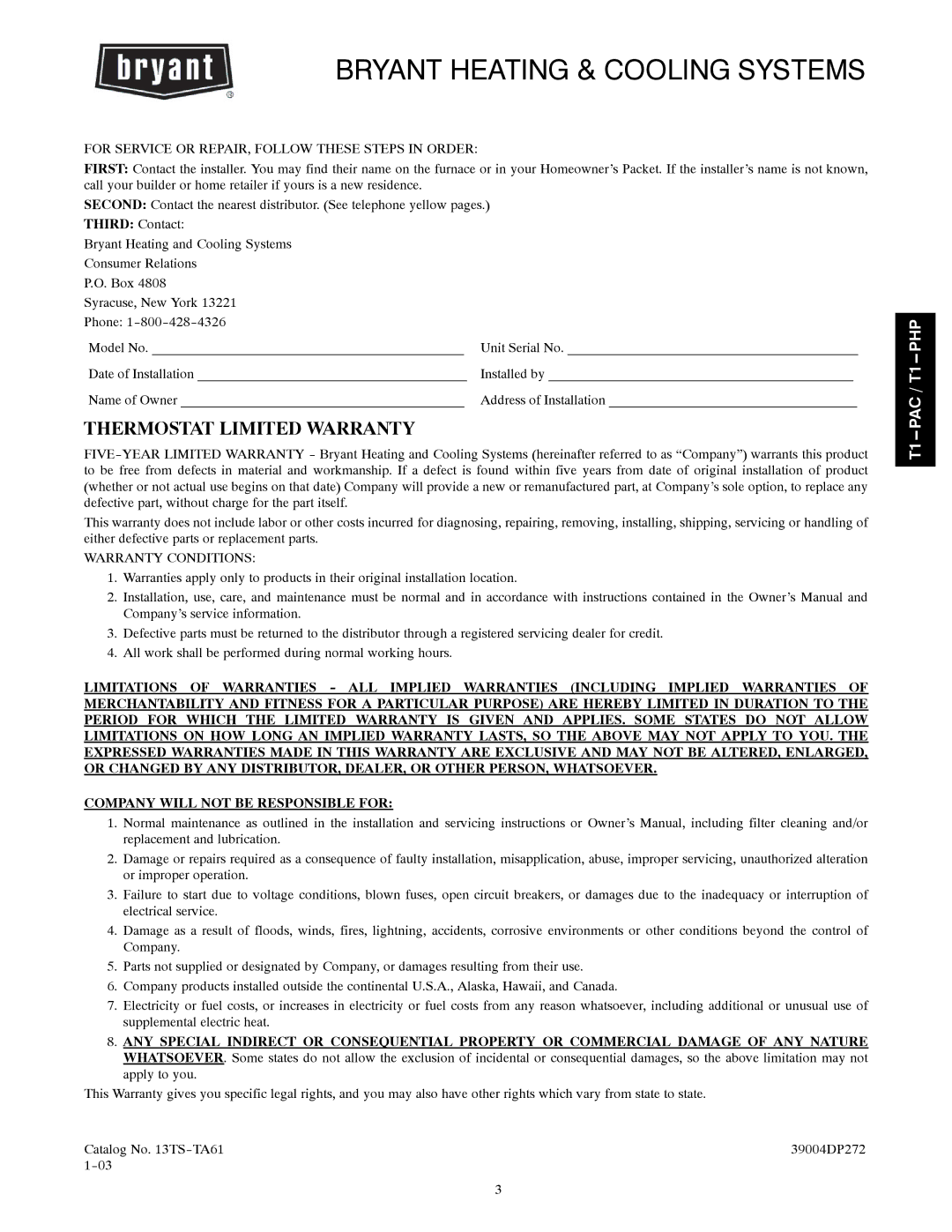 Bryant T1--PHP Thermostat Limited Warranty, For Service or REPAIR, Follow These Steps in Order, Warranty Conditions 