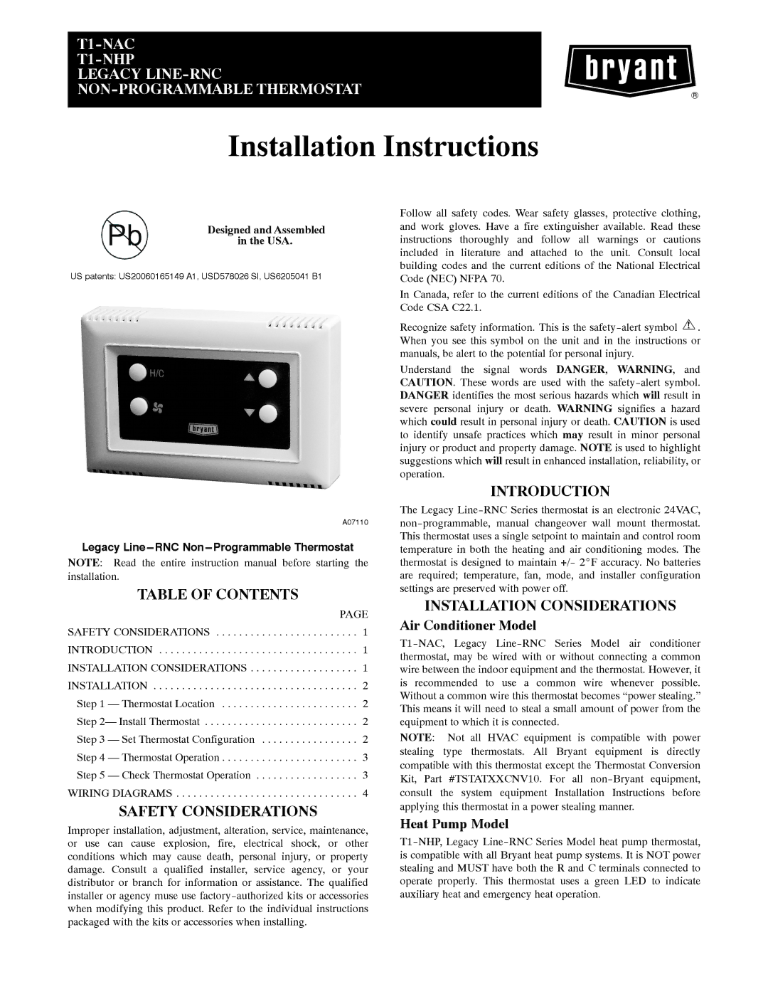 Bryant T1-NAC installation instructions Installation Instructions, Table of Contents, Safety Considerations, Introduction 