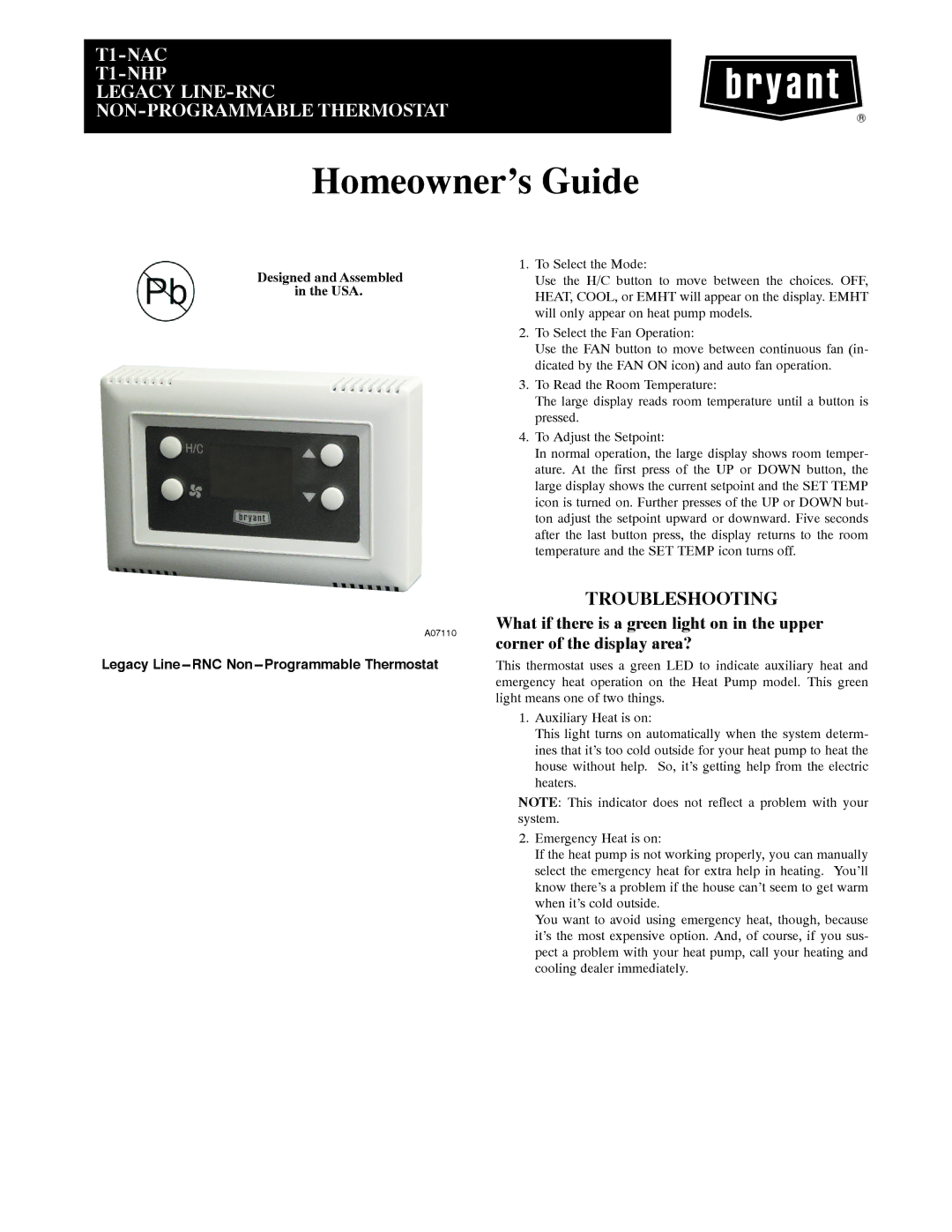 Bryant T1-NAC installation instructions Homeowner’s Guide, Troubleshooting 