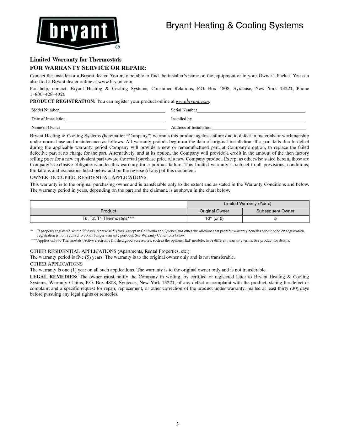 Bryant T1-NAC Limited Warranty for Thermostats, For Warranty Service or Repair, OWNER-OCCUPIED, Residential Applications 