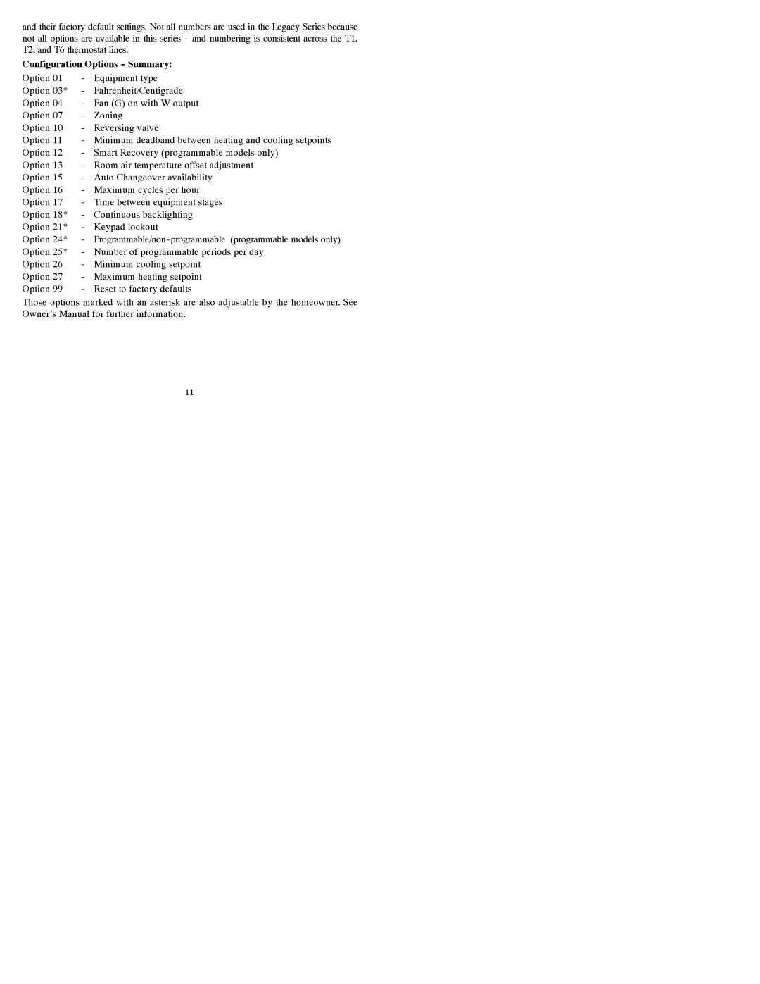 Bryant T2-PAC installation instructions Configuration Options Summary 