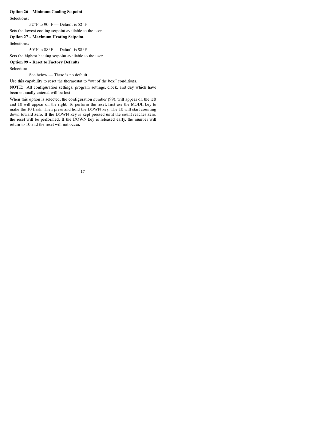 Bryant T2-PAC Option 26 Minimum Cooling Setpoint, Option 27 Maximum Heating Setpoint, Option 99 Reset to Factory Defaults 