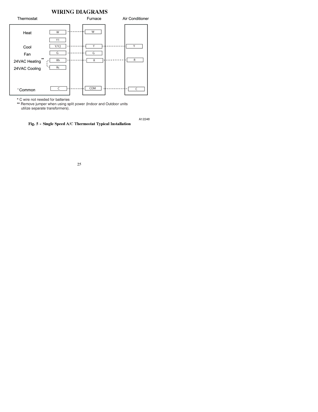 Bryant T2-PAC installation instructions Wiring Diagrams, Single Speed A/C Thermostat Typical Installation 