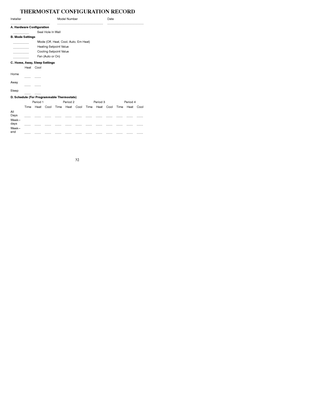 Bryant T2-PAC installation instructions Thermostat Configuration Record, Mode Settings 